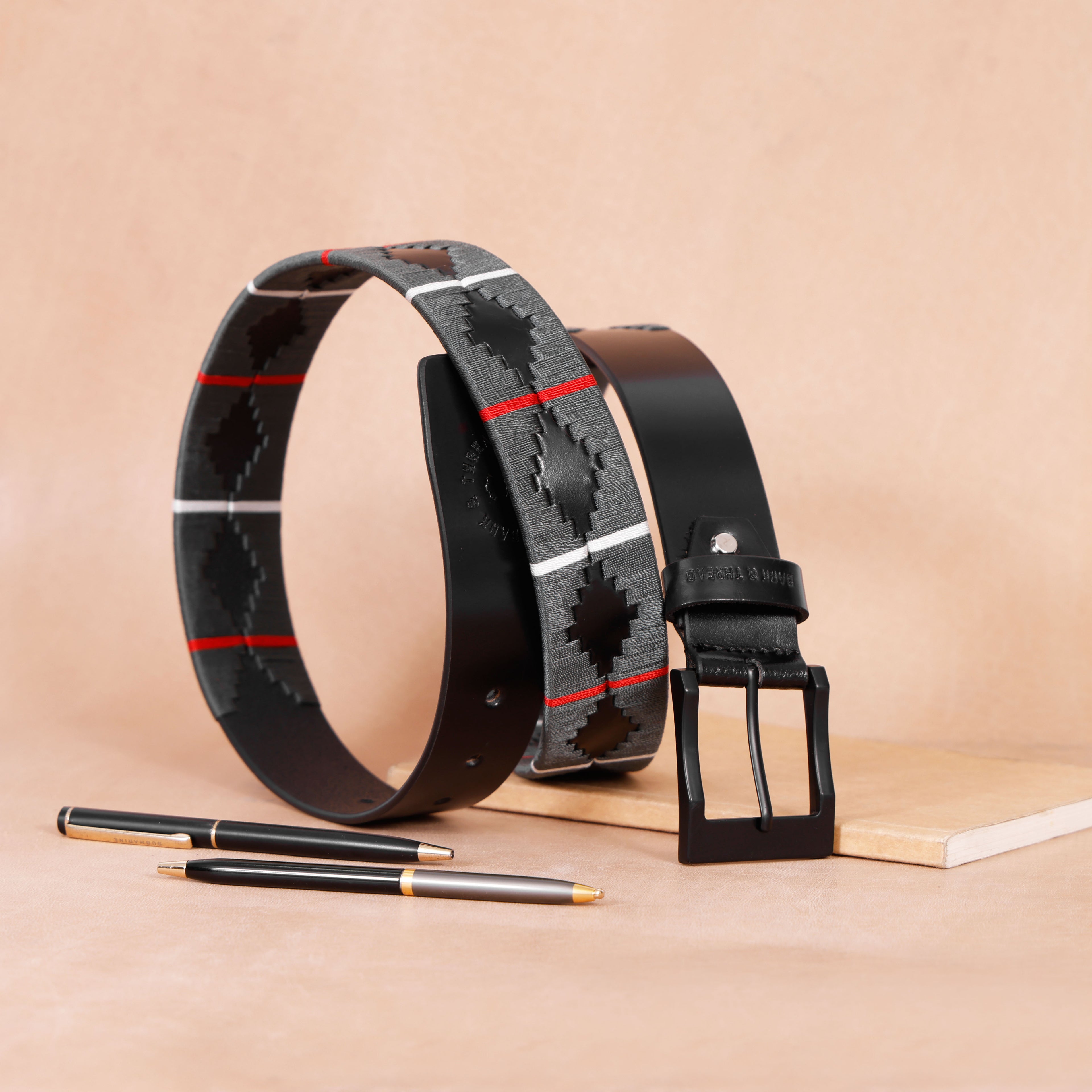 Black Polo Leather Belt with Black Buckle & Grey Stitching