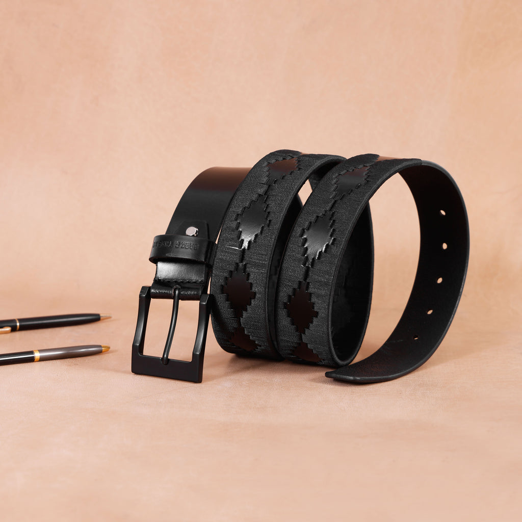 Premium Polo Leather Belt – All Black (Black Strap, Black Stitching & Black Buckle)