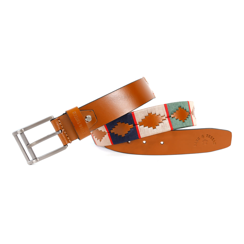 Tan Polo Leather Belt with Multi Stitching & Silver Buckle