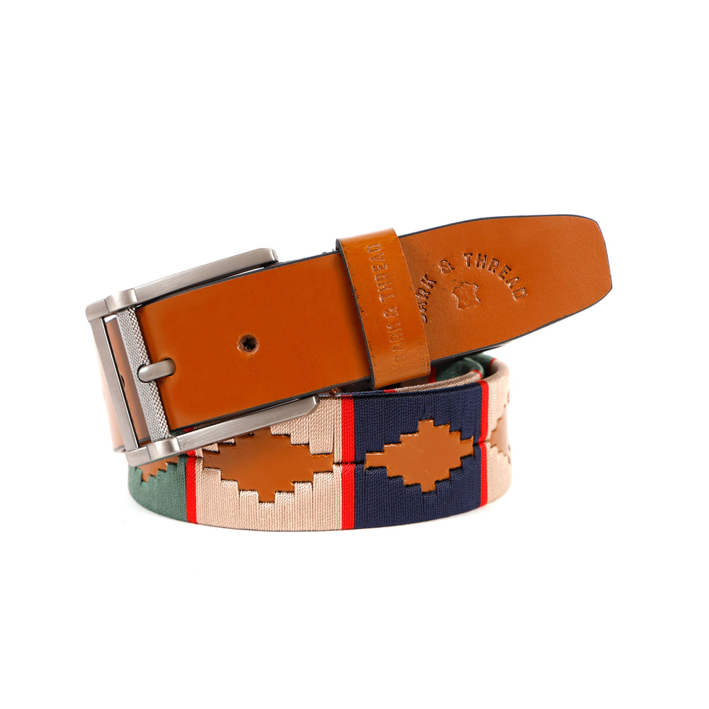 Tan Polo Leather Belt with Multi Stitching & Silver Buckle