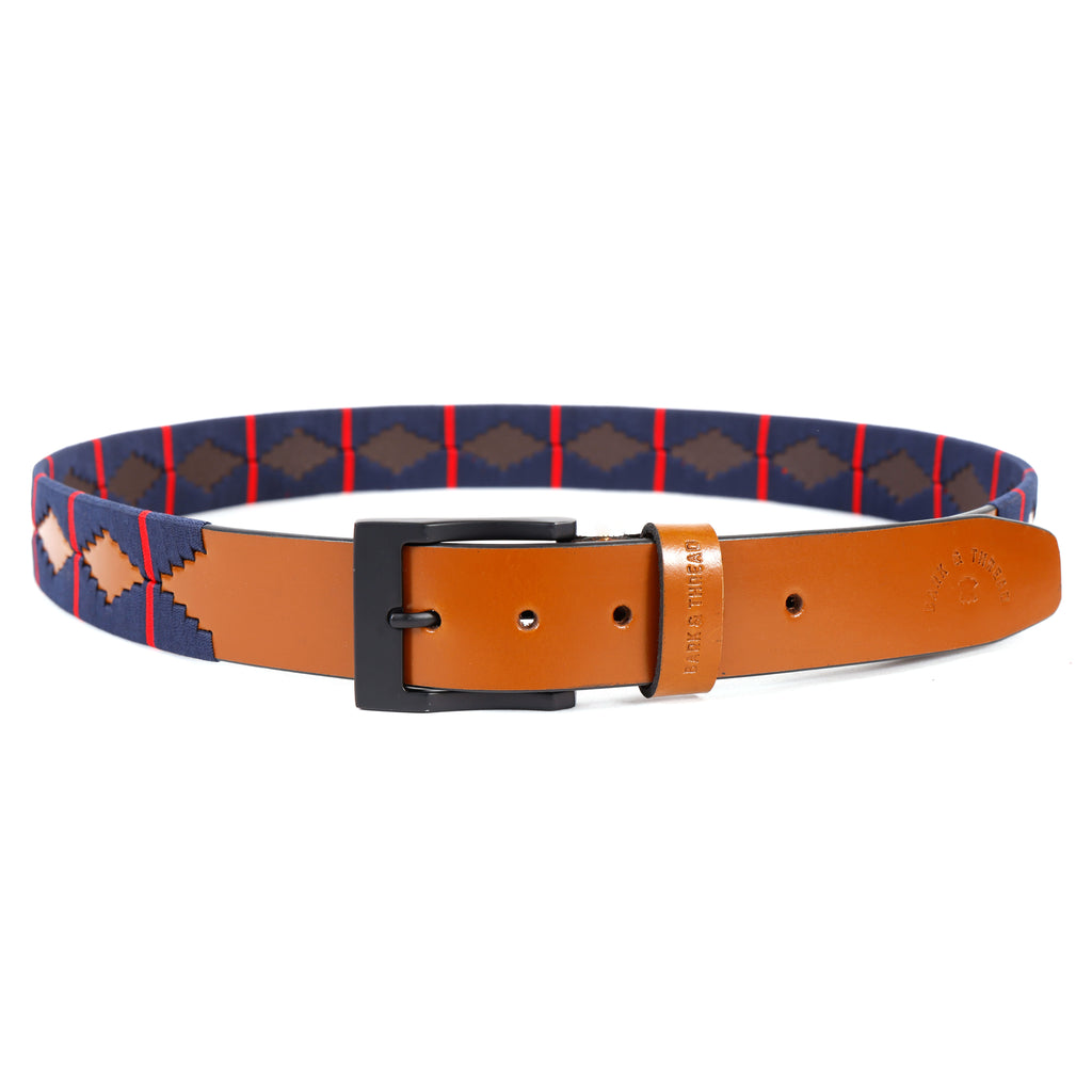 Premium Polo Leather Belt with Dark Blue Stitching – Tan Strap & Black Buckle