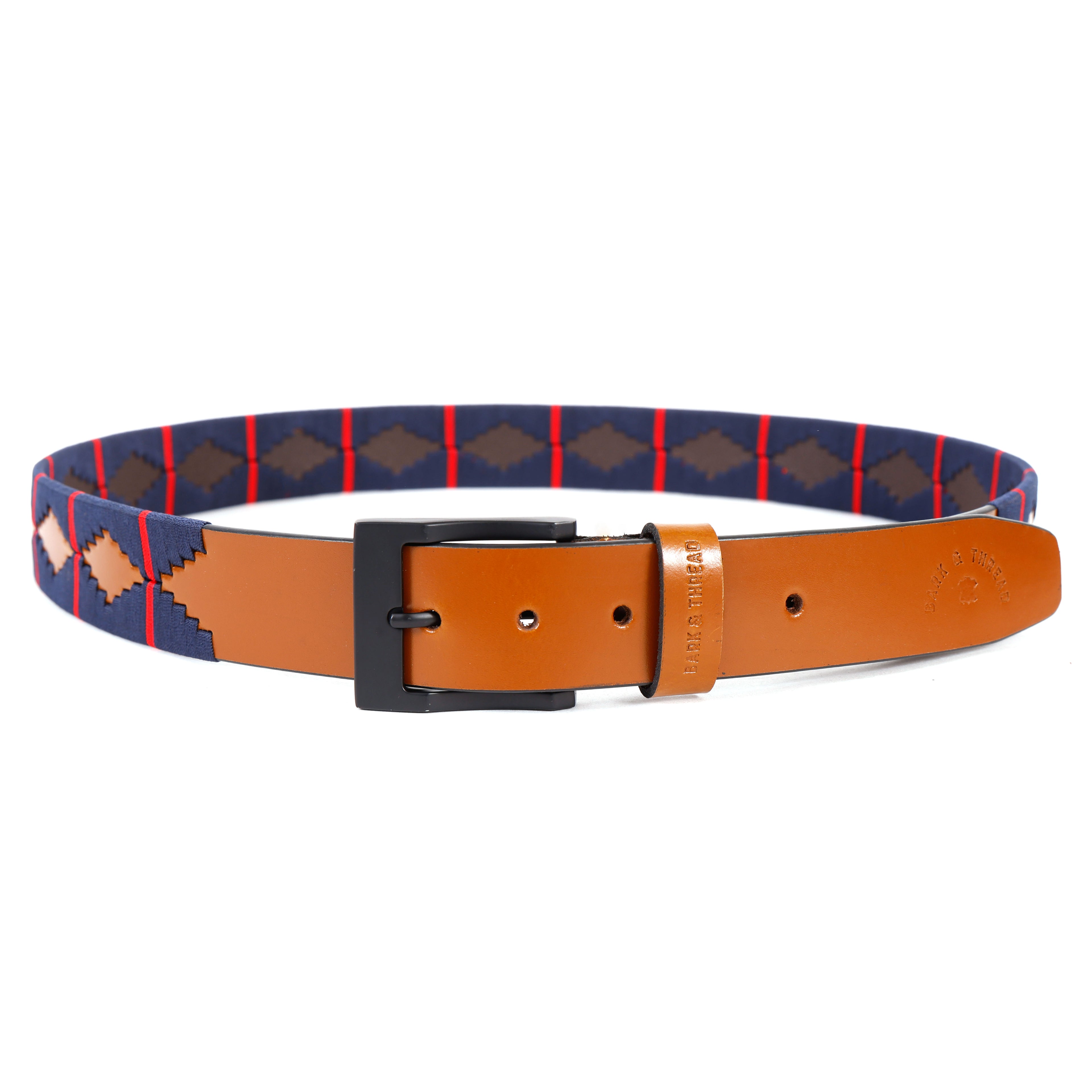 Premium Polo Leather Belt with Dark Blue Stitching – Tan Strap & Black Buckle
