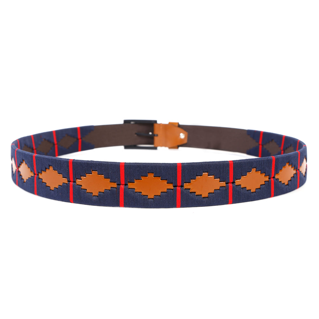 Premium Polo Leather Belt with Dark Blue Stitching – Tan Strap & Black Buckle
