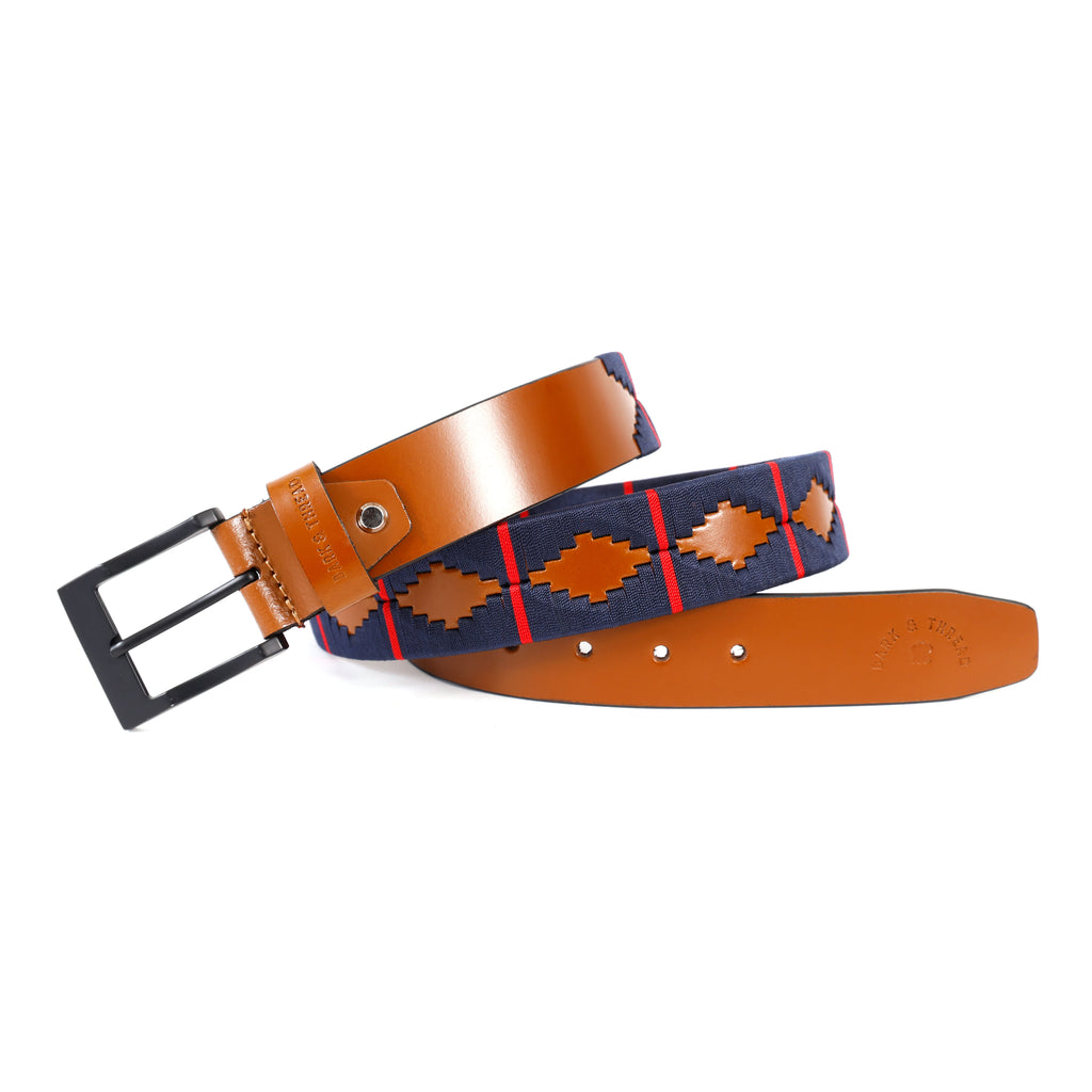 Premium Polo Leather Belt with Dark Blue Stitching – Tan Strap & Black Buckle
