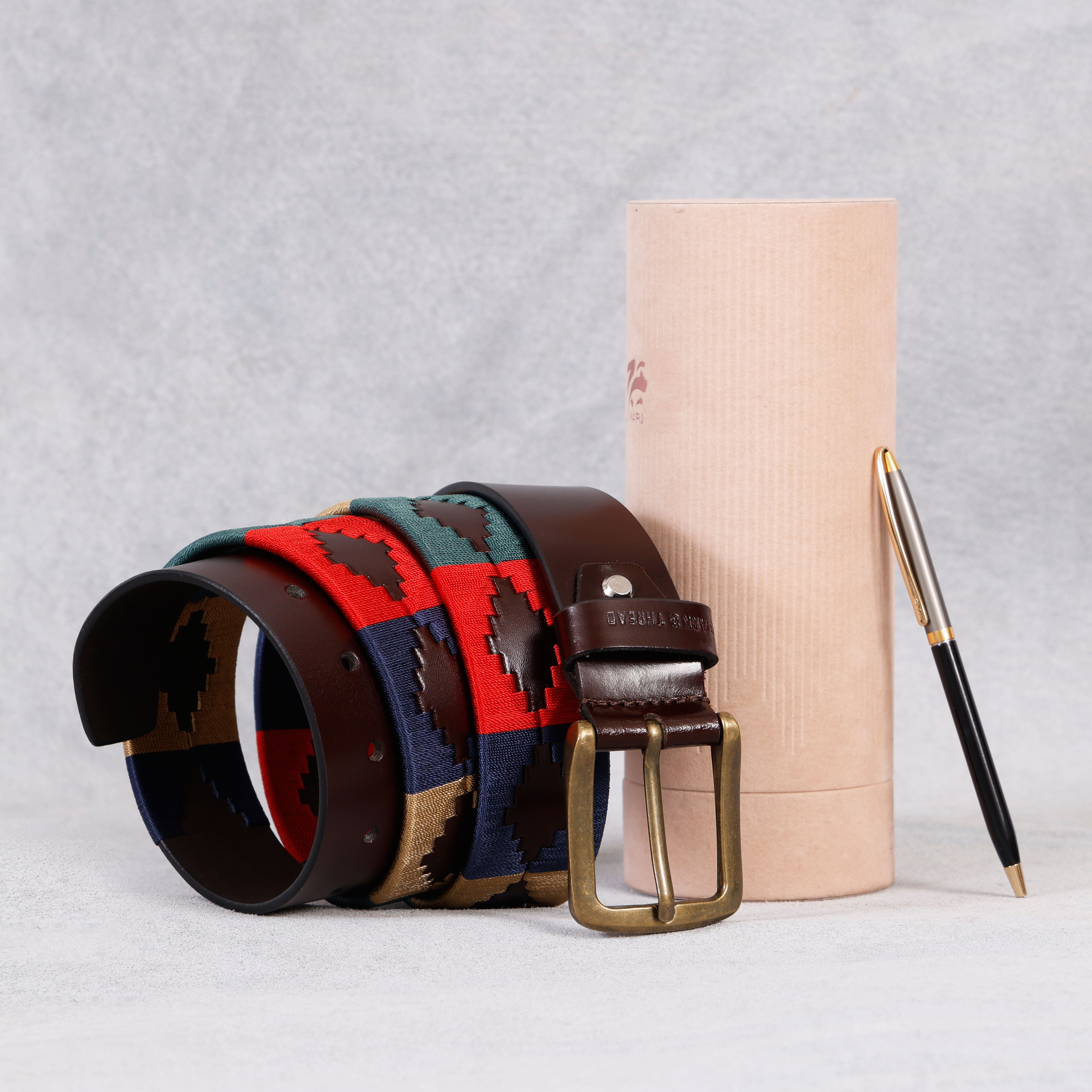 Brown Polo Leather Belt with Multicolor Stitching & Golden Buckle
