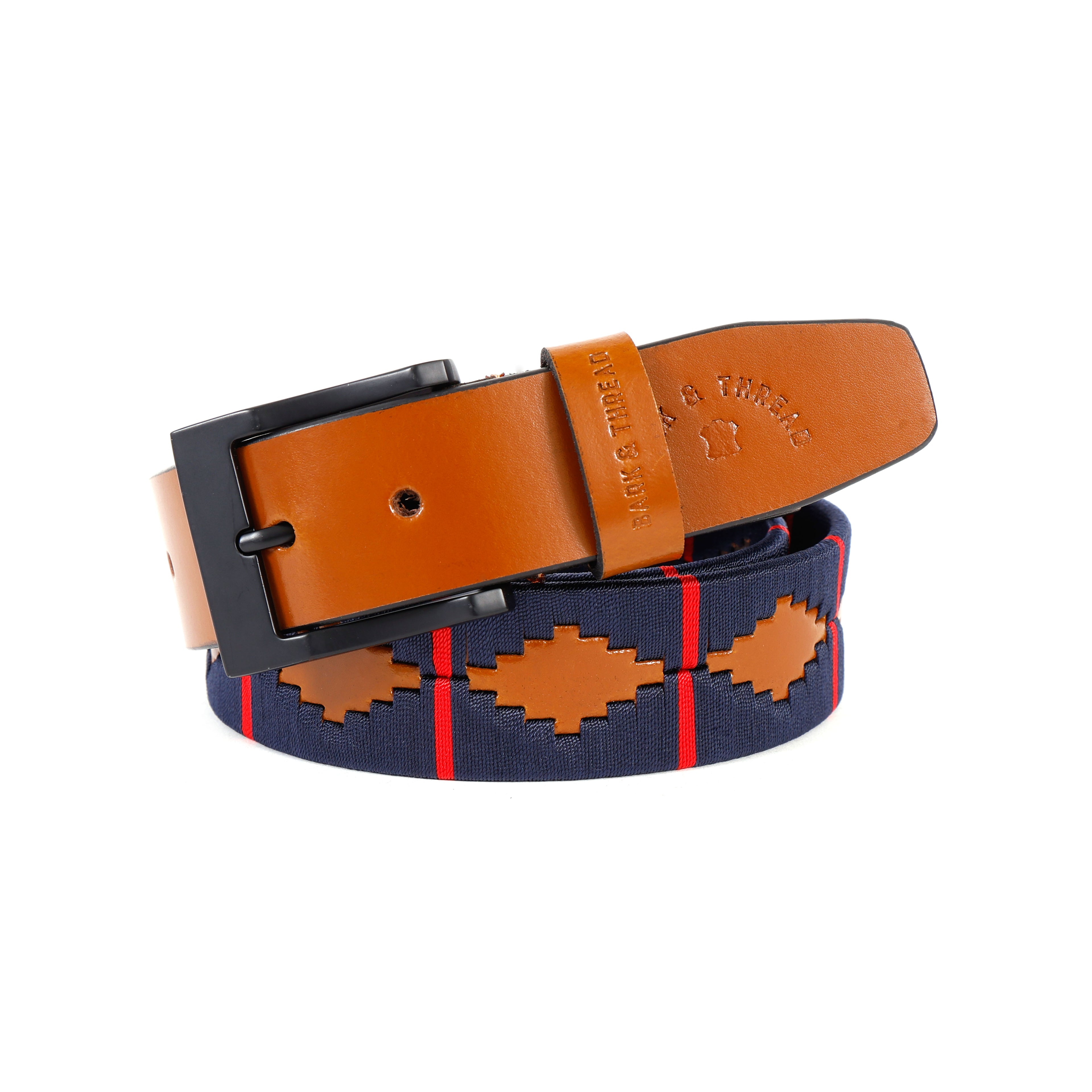 Premium Polo Leather Belt with Dark Blue Stitching – Tan Strap & Black Buckle