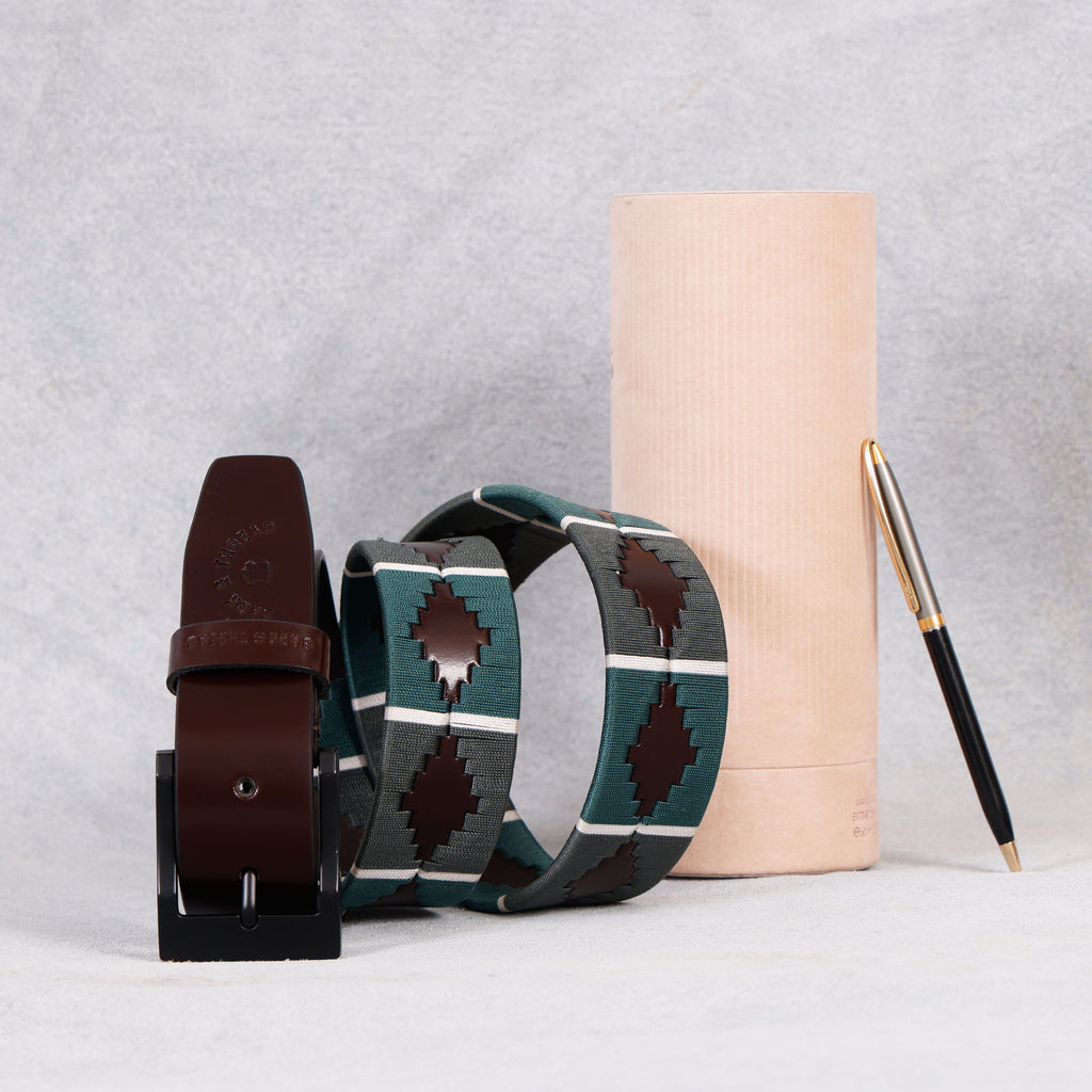 Premium Polo Leather Belt with Light & Dark Green Stitching – Brown Strap & Black Buckle