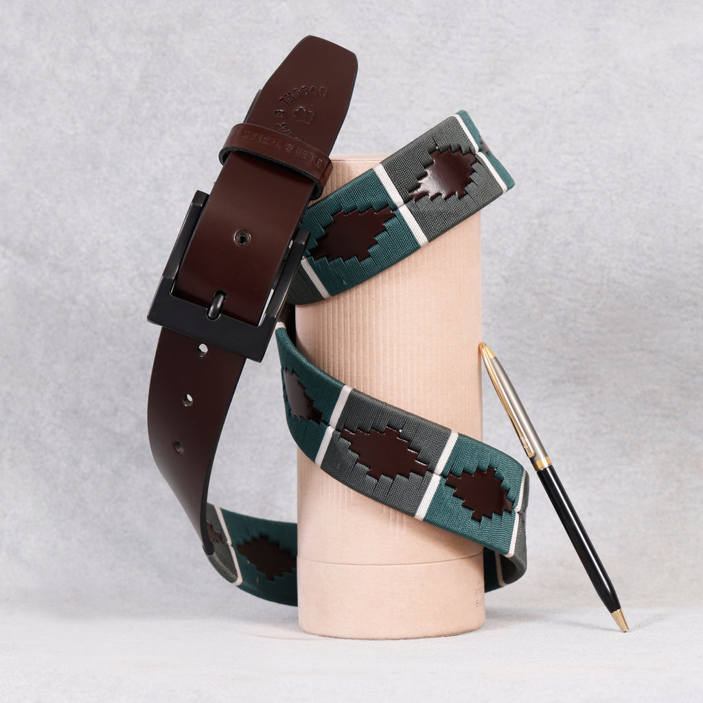 Premium Polo Leather Belt with Light & Dark Green Stitching – Brown Strap & Black Buckle