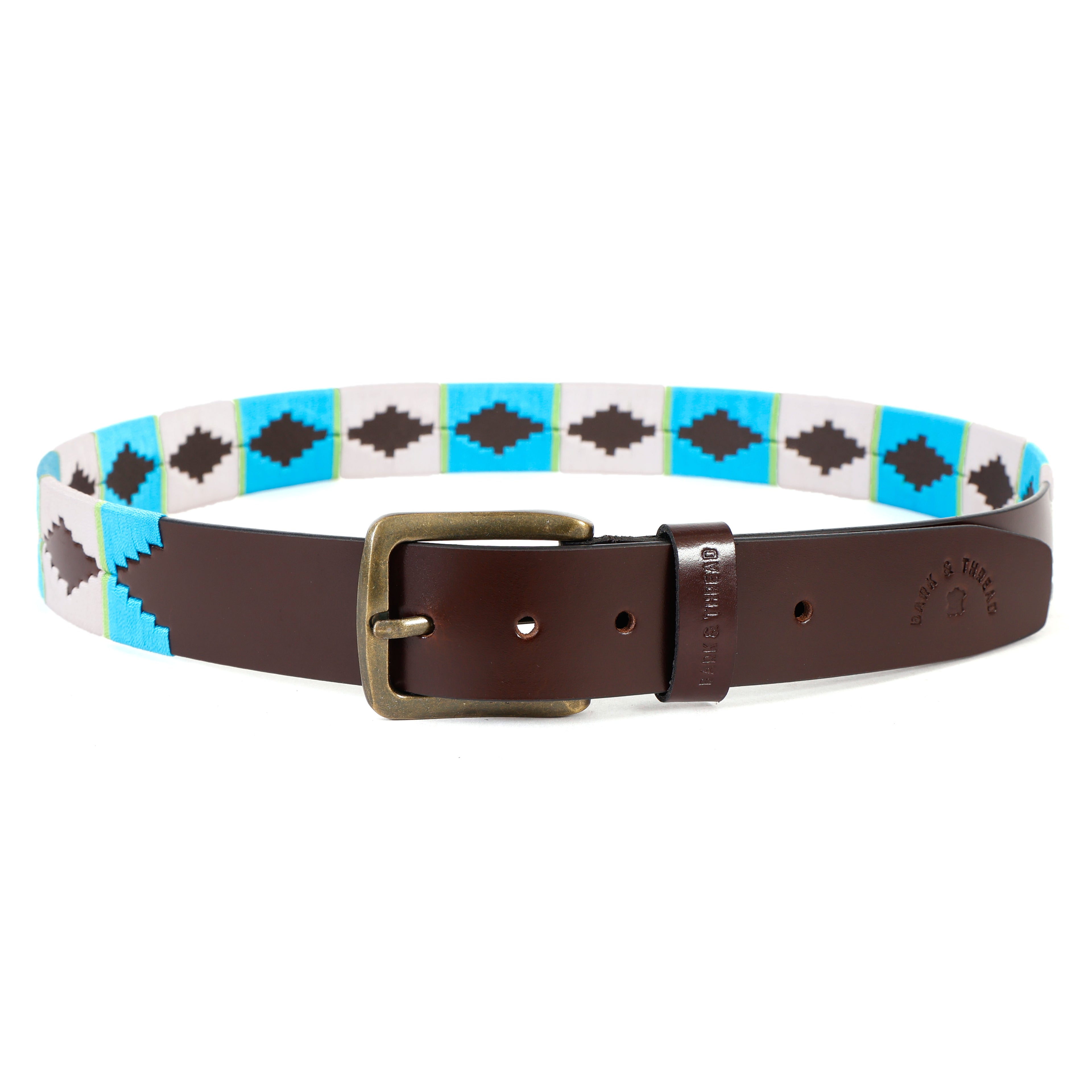 Premium Polo Leather Belt with White & Light Blue Stitching – Brown Strap & Gold Buckle