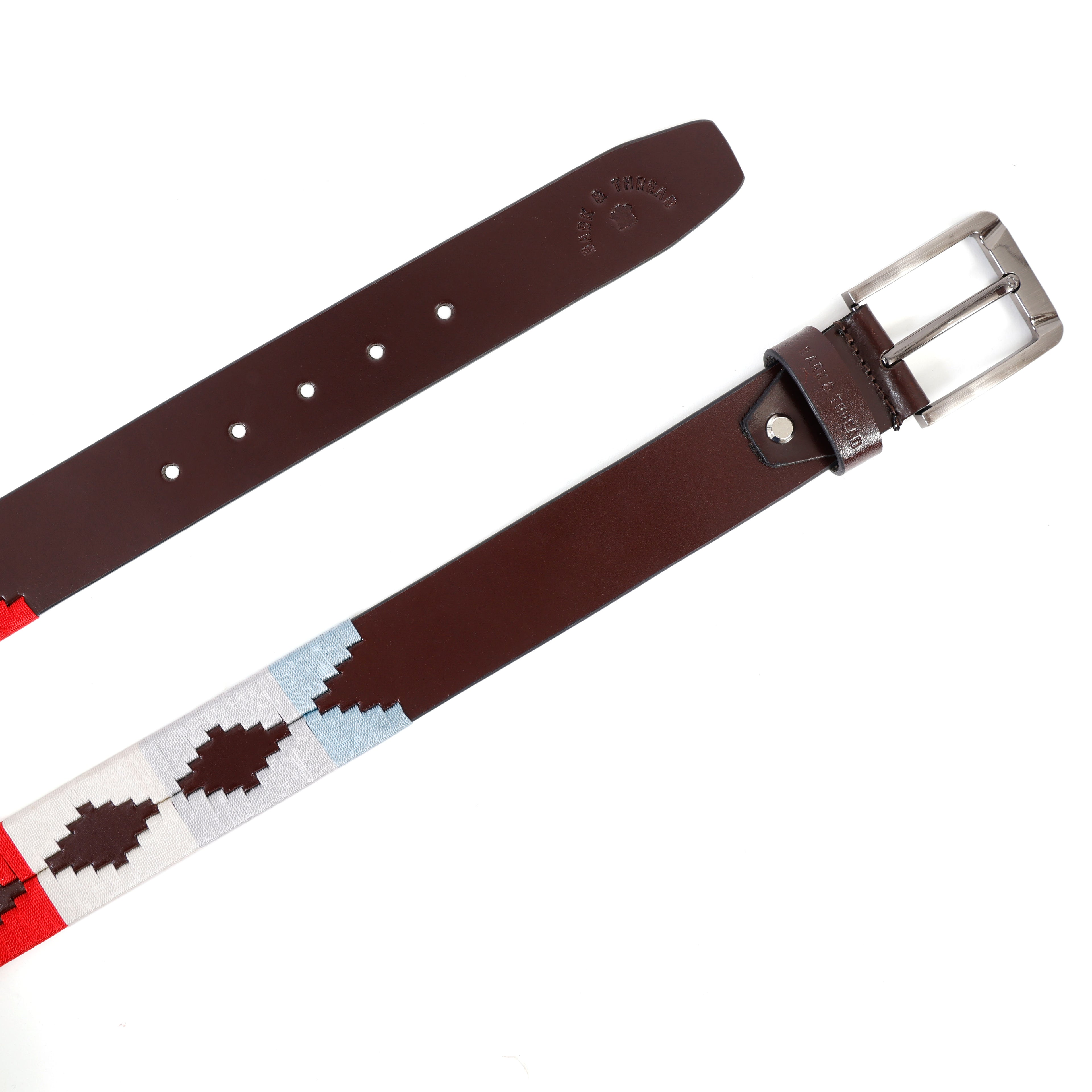 Dark Brown Leather Belt with Silver Buckle & Multicolour Contrast Stitching (White, Red & Sky Blue)