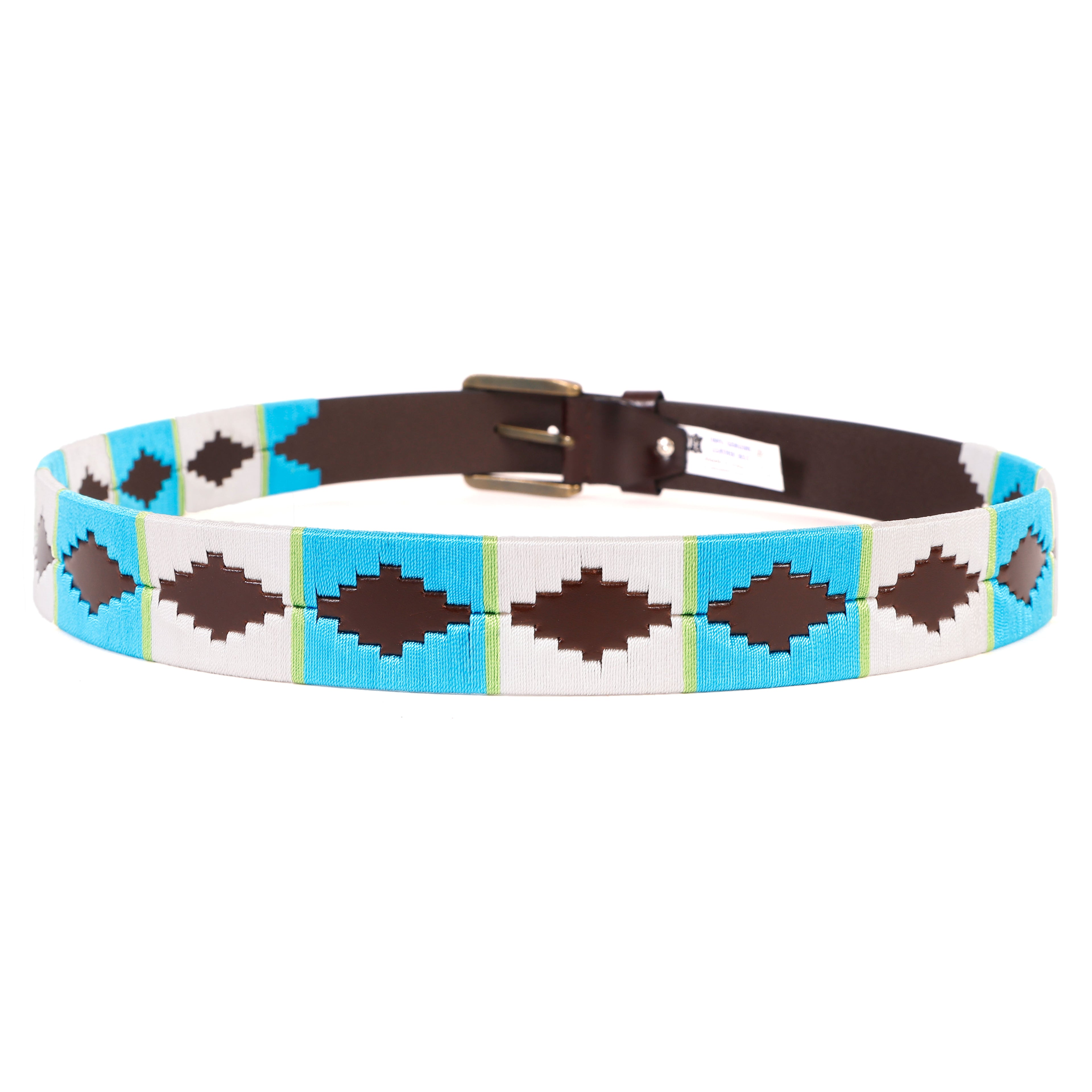 Premium Polo Leather Belt with White & Light Blue Stitching – Brown Strap & Gold Buckle