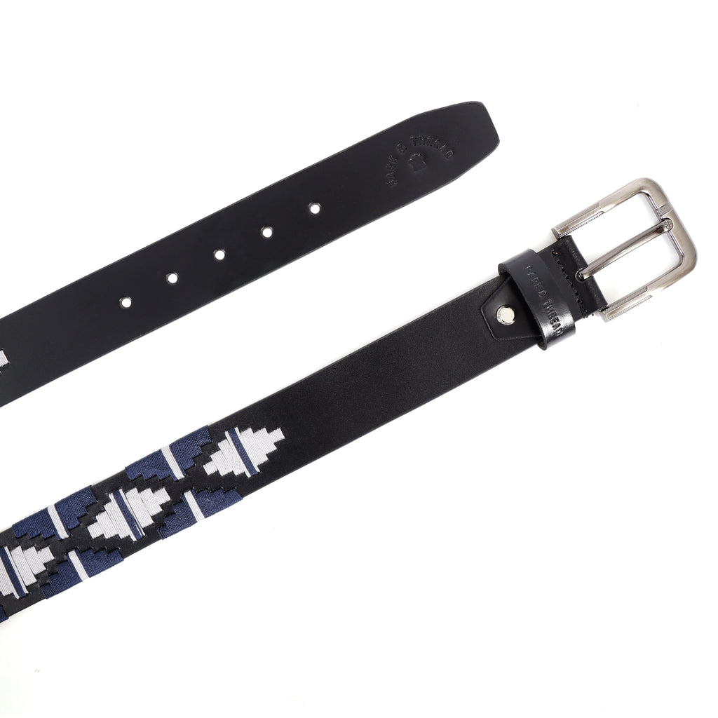 Black Leather Belt with Silver Buckle & Dark Blue and White Contrast Stitching