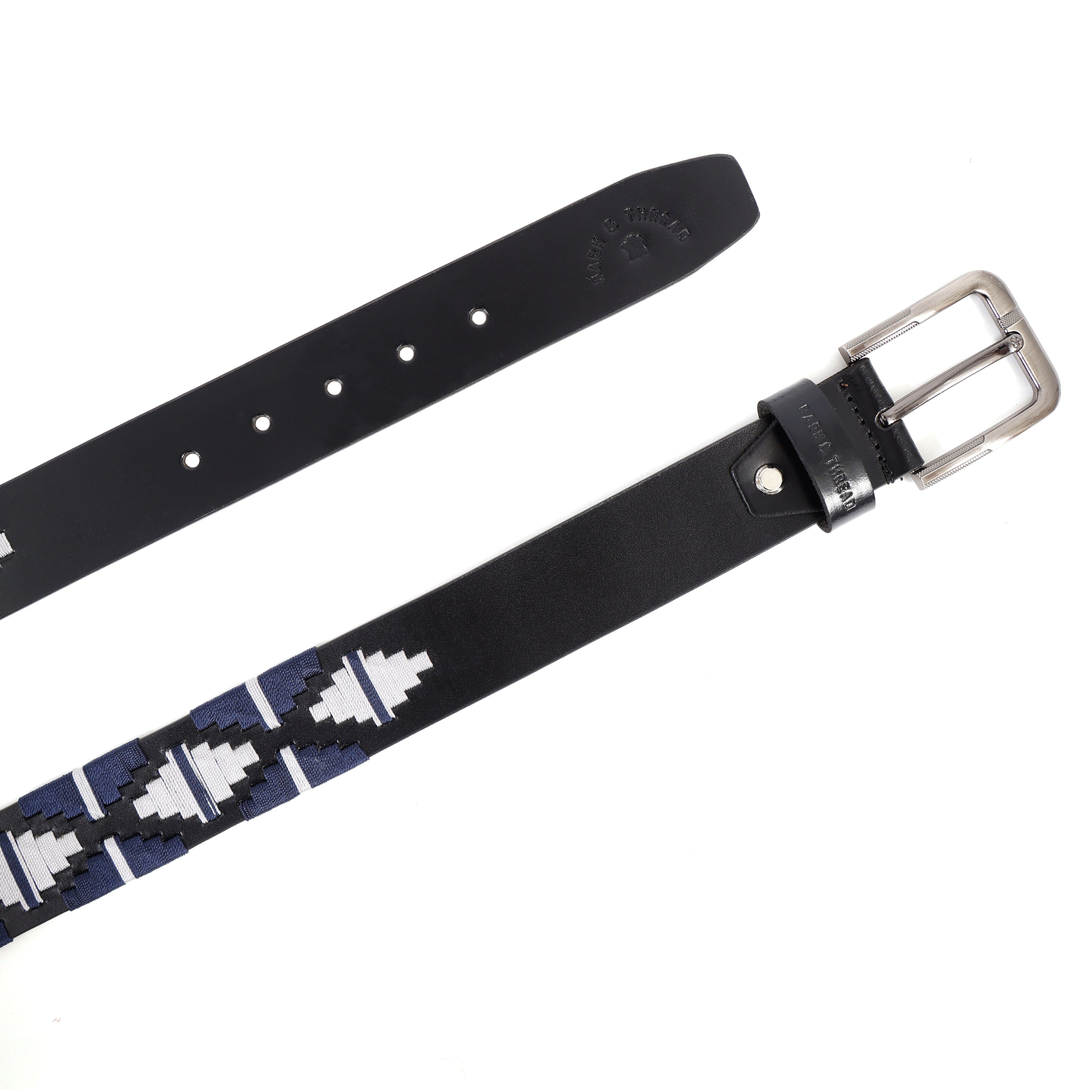 Black Leather Belt with Silver Buckle & Dark Blue and White Contrast Stitching