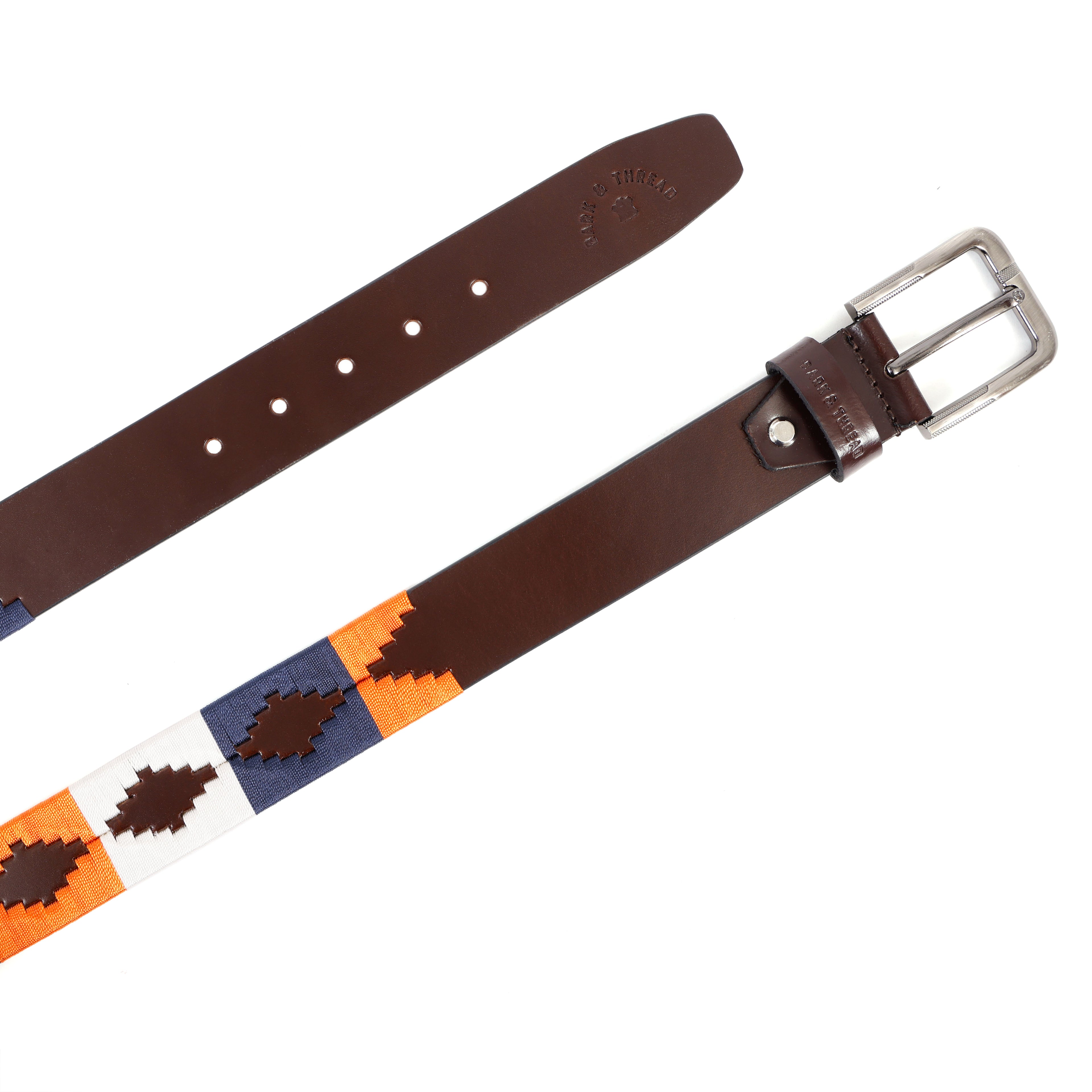 Premium Polo Leather Belt with Contrast Stitching – Brown Strap & Silver Buckle