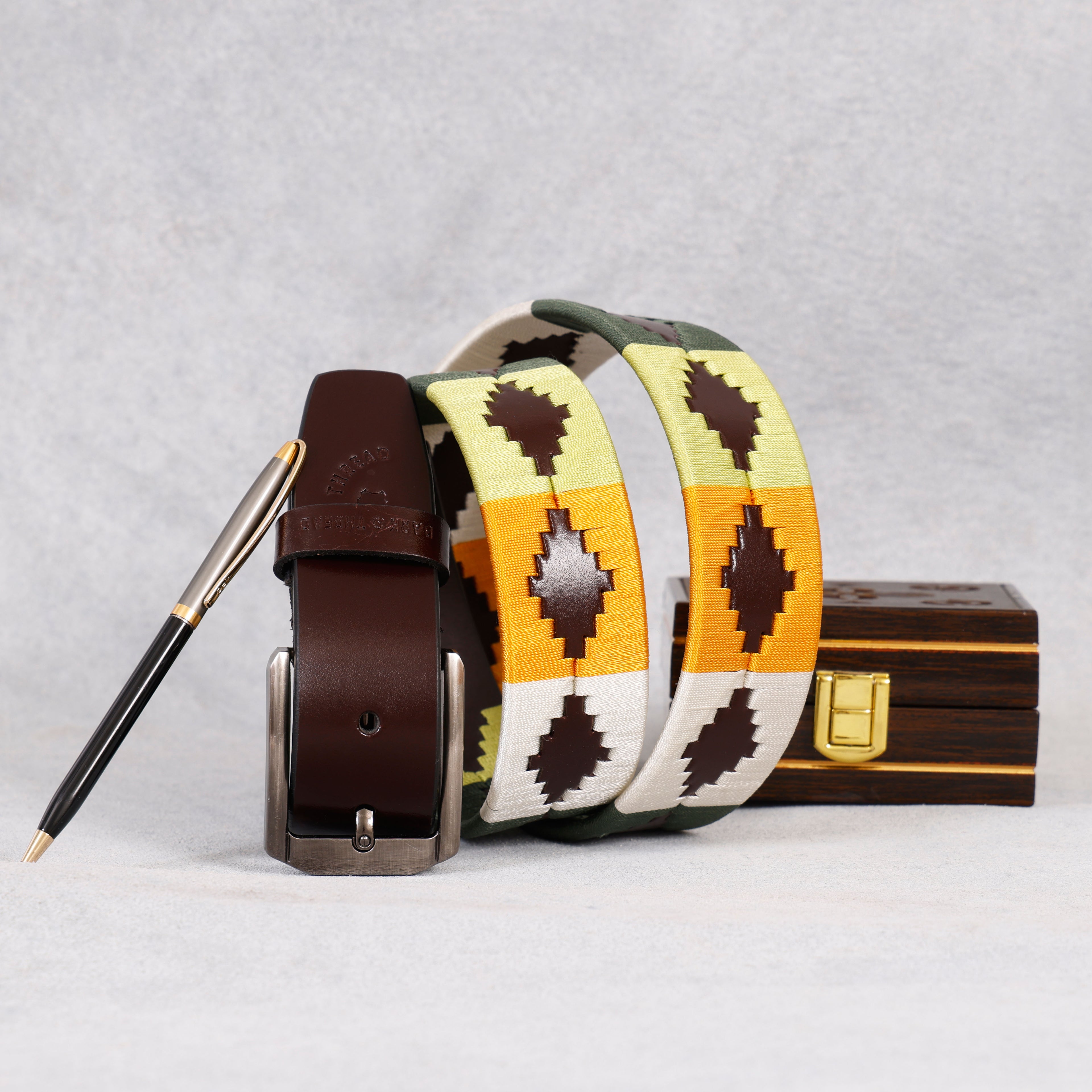 Premium Polo Leather Belt with Multicolor Stitching – Brown Strap & Silver Buckle