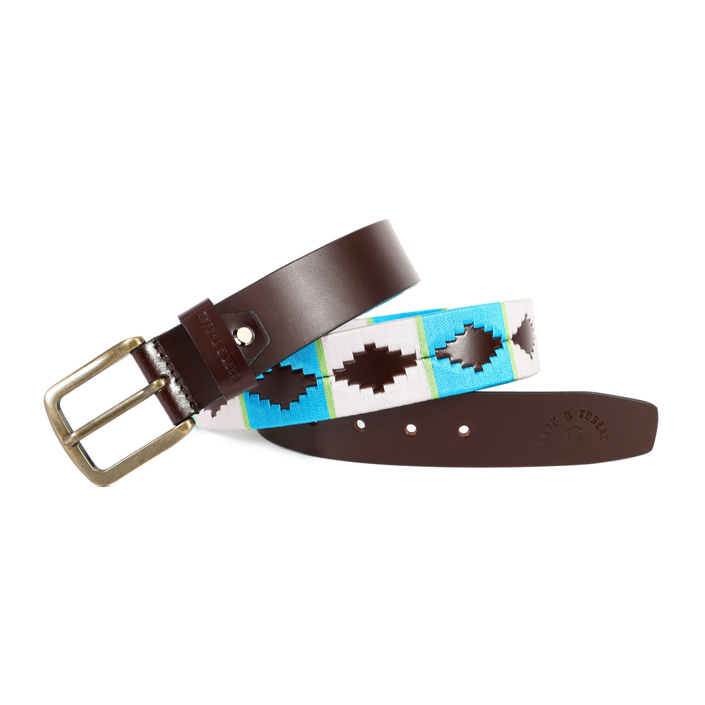 Premium Polo Leather Belt with White & Light Blue Stitching – Brown Strap & Gold Buckle
