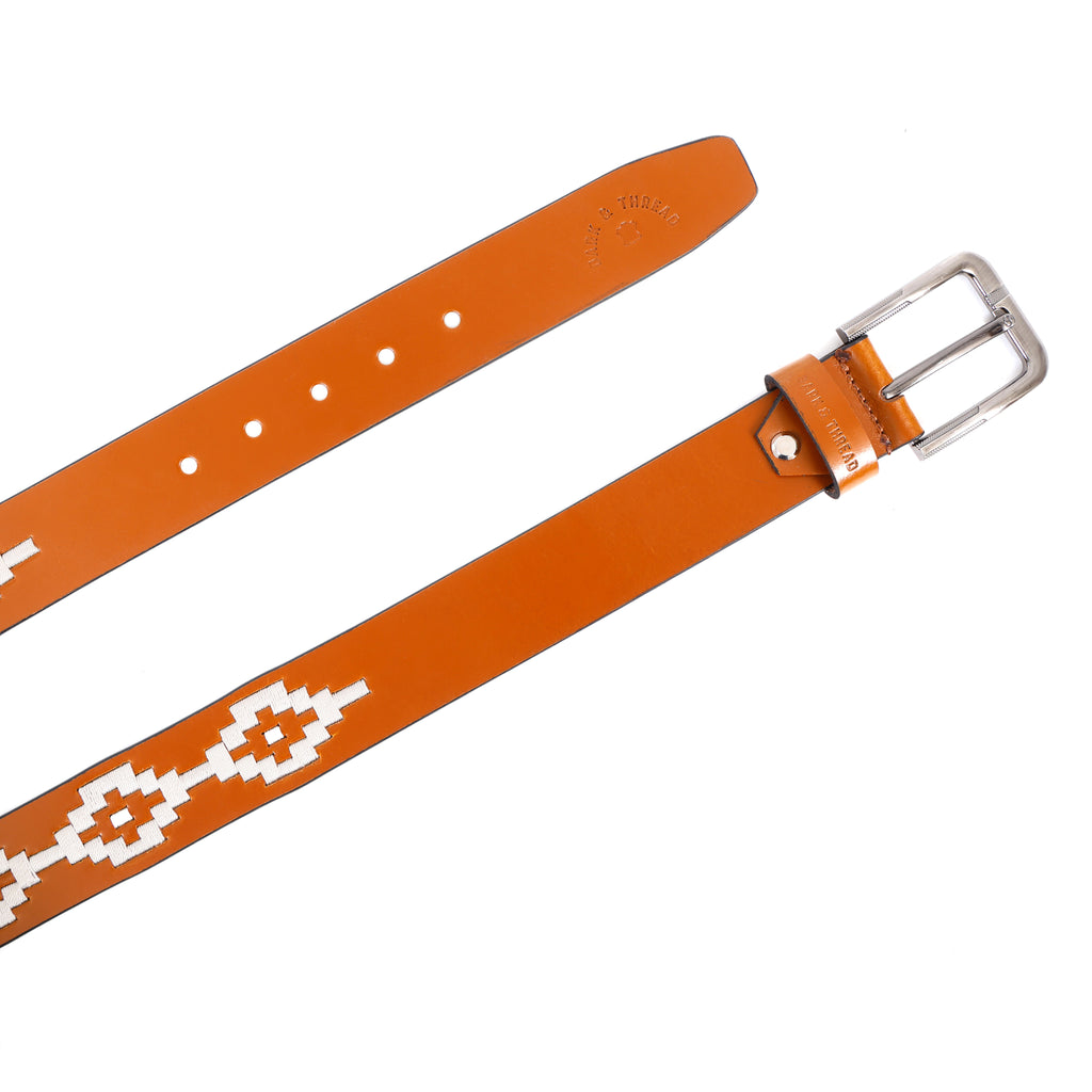 Brown Leather Belt with Silver Buckle & White Contrast Stitching