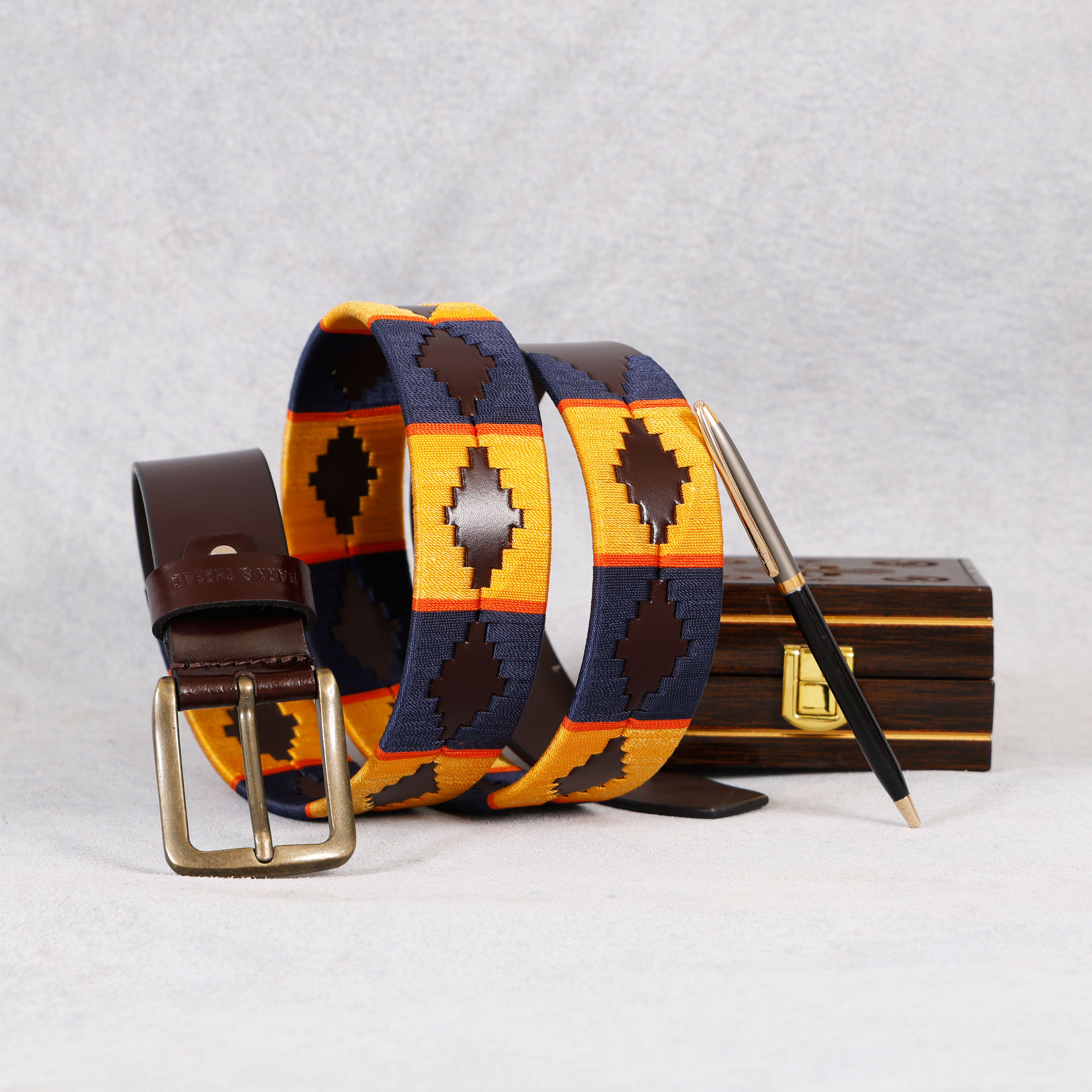 Premium Polo Leather Belt with Multicolour Stitching – Brown Strap & Gold Buckle