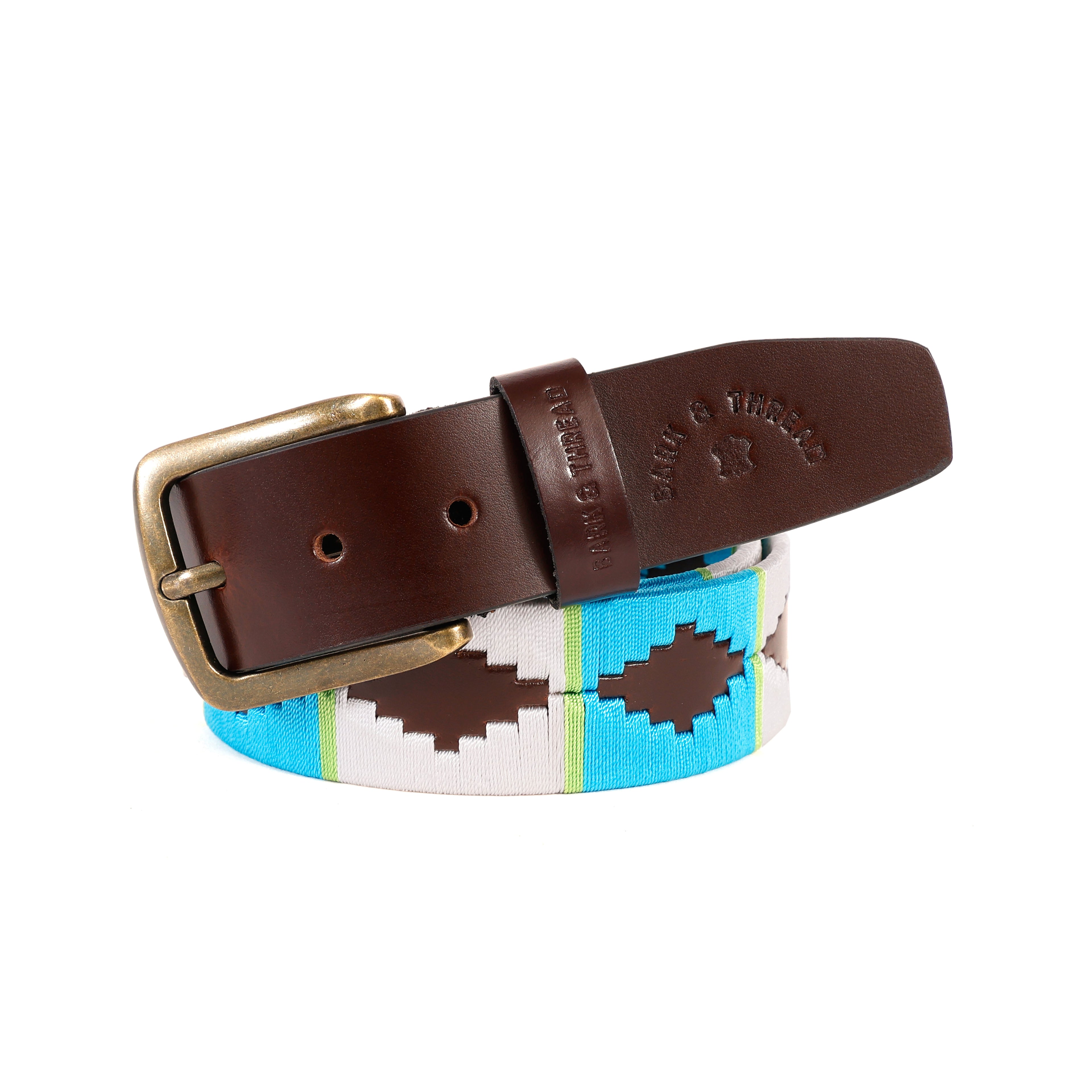 Premium Polo Leather Belt with White & Light Blue Stitching – Brown Strap & Gold Buckle