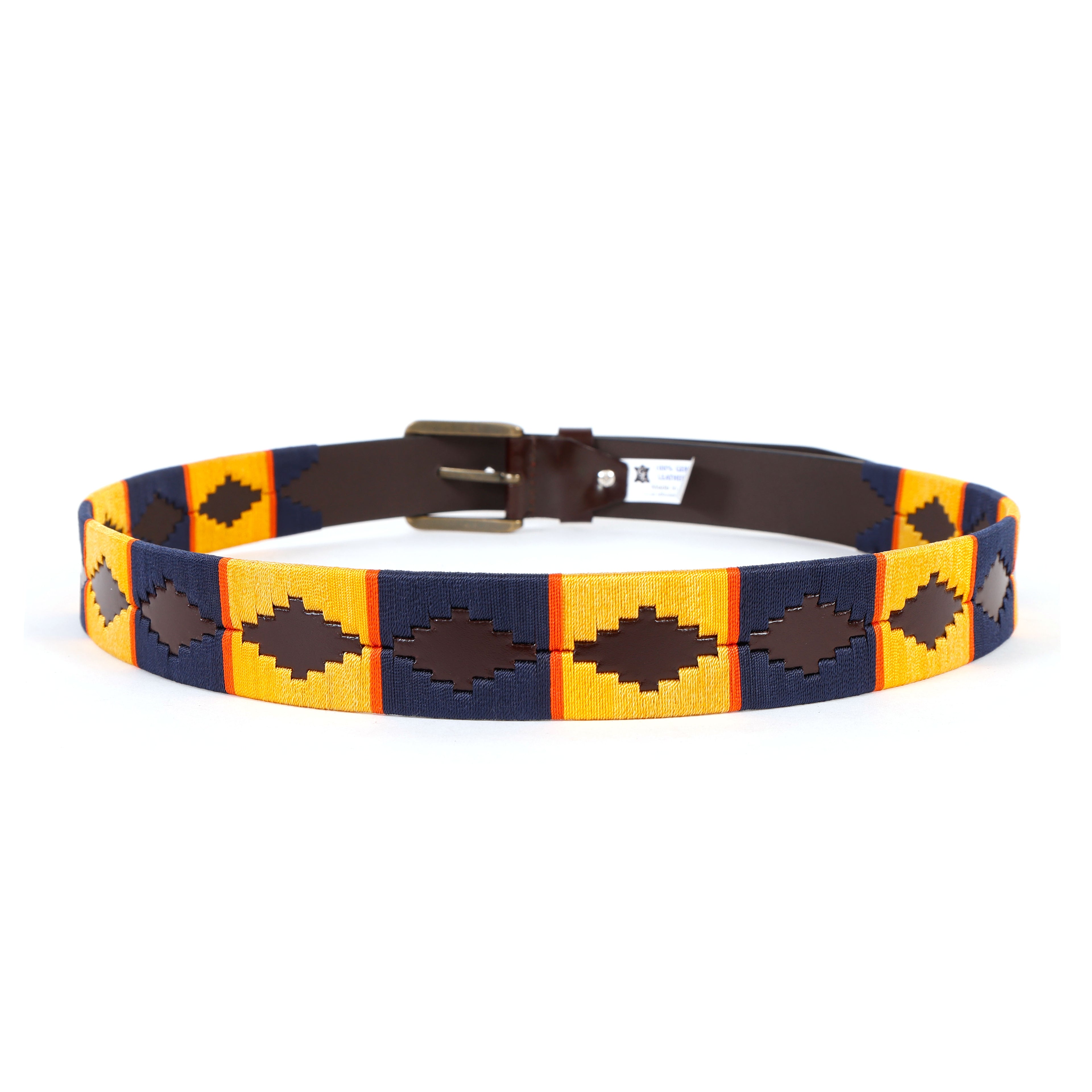 Premium Polo Leather Belt with Multicolour Stitching – Brown Strap & Gold Buckle