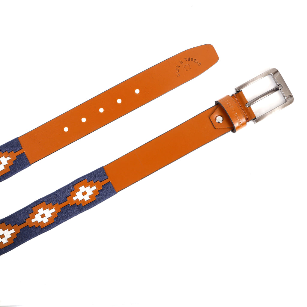 Brown Leather Belt with Silver Buckle & Dark Blue and White Contrast Stitching