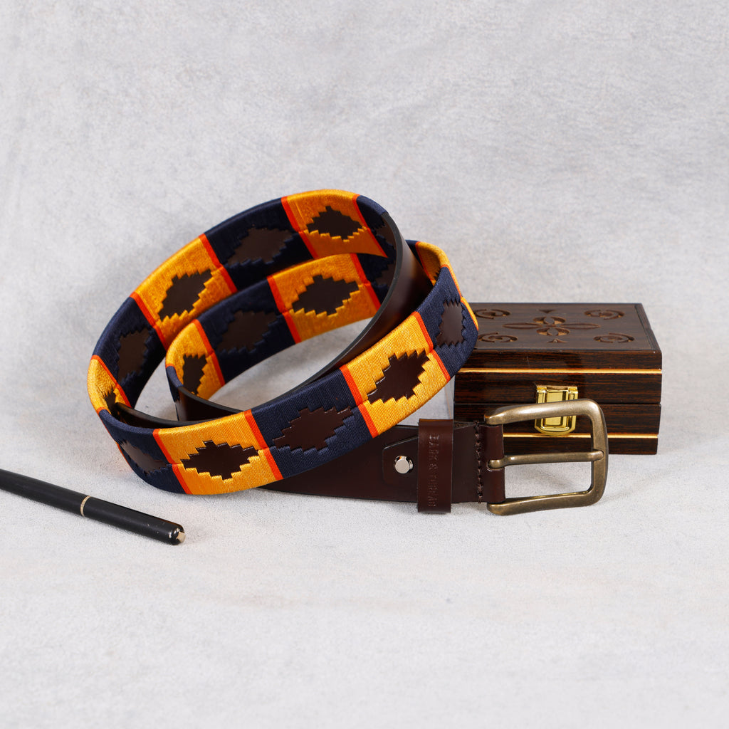 Premium Polo Leather Belt with Multicolour Stitching – Brown Strap & Gold Buckle