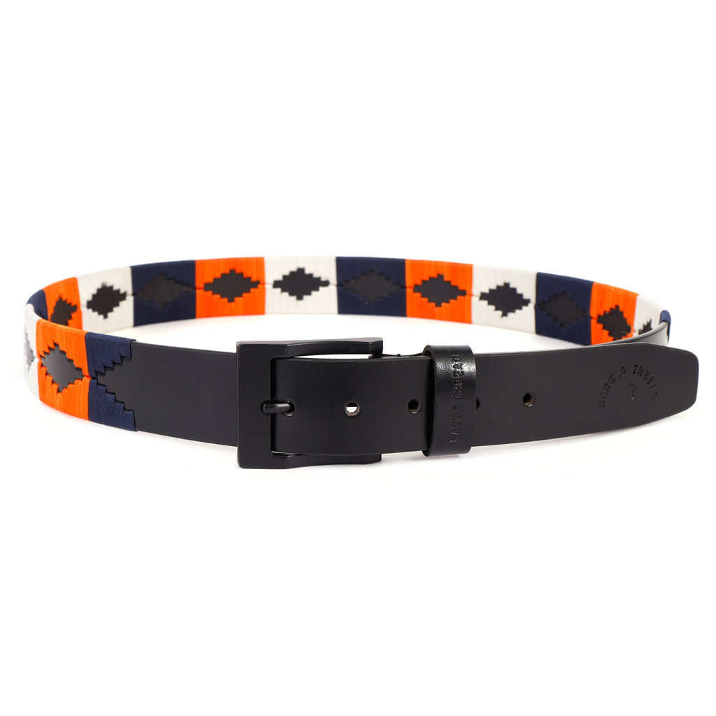 Premium Polo Leather Belt with Blue, Orange & White Stitching – Black Strap & Black Buckle
