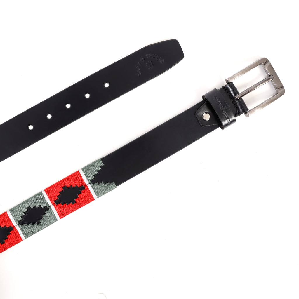 Luxury Polo Leather Belt with Red & Green Stitching – Black Strap & Silver Buckle