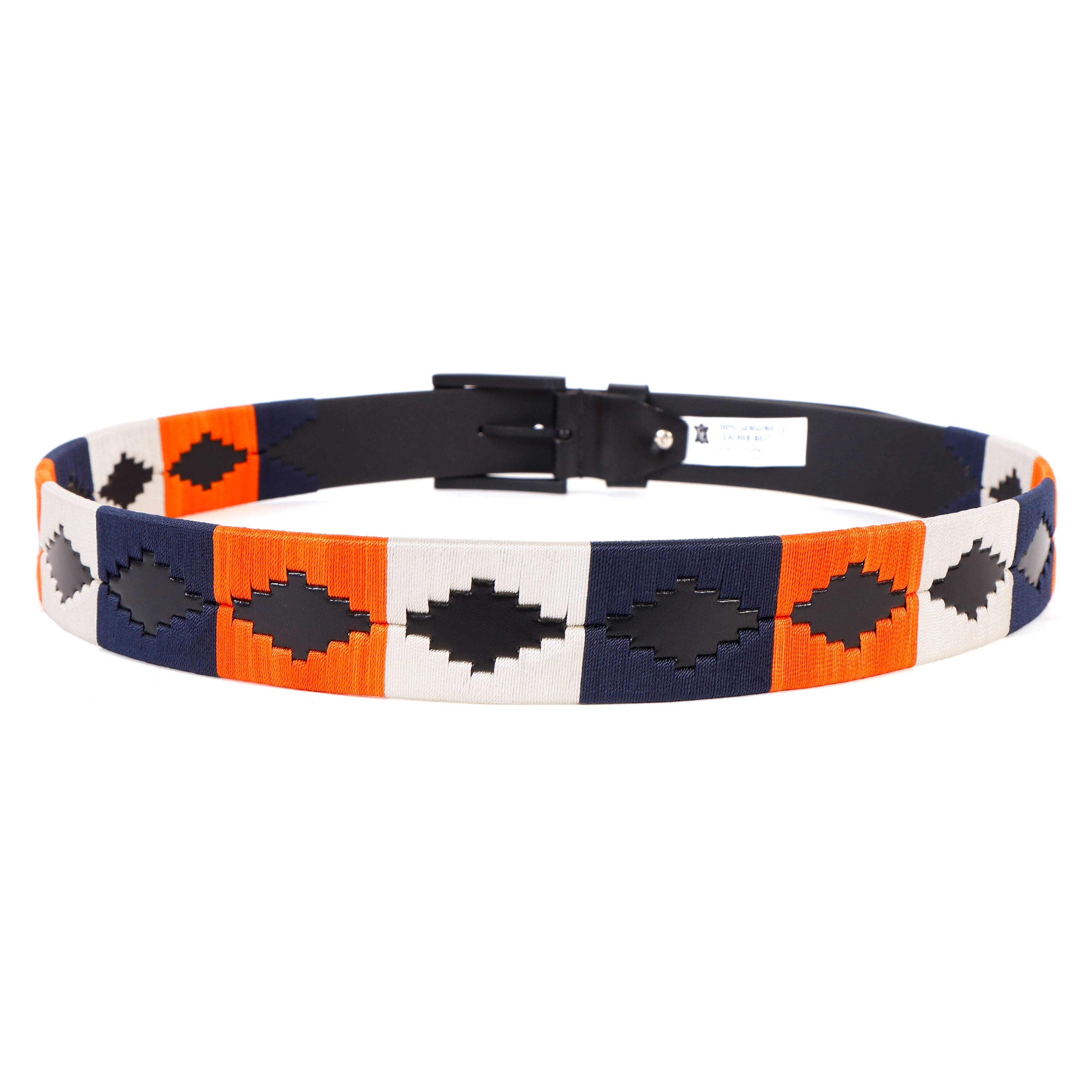 Premium Polo Leather Belt with Blue, Orange & White Stitching – Black Strap & Black Buckle