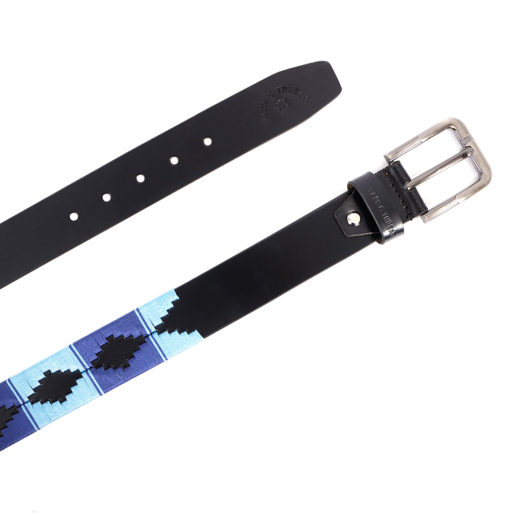 Black Leather Belt with Silver Buckle & Dual Blue Contrast Stitching