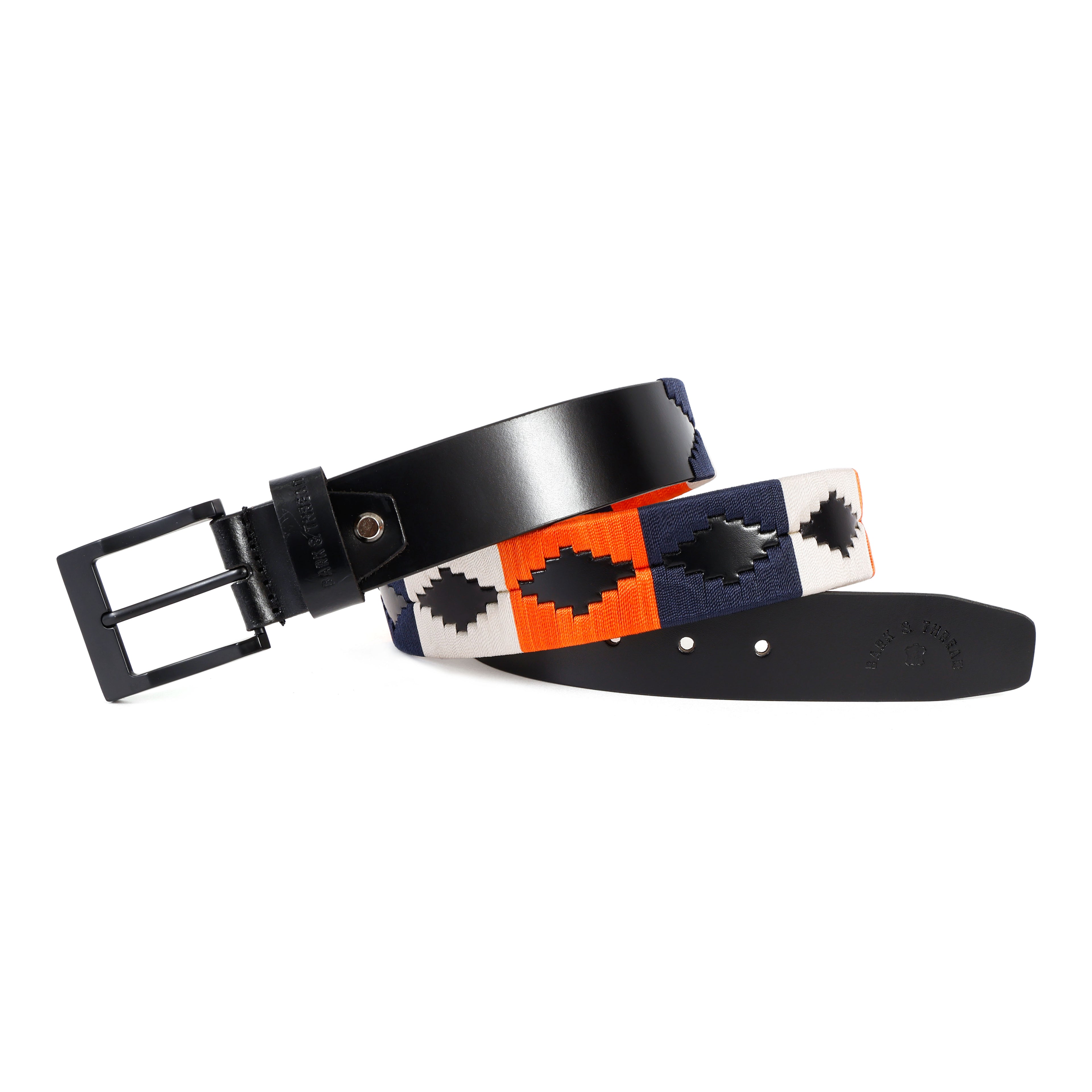 Premium Polo Leather Belt with Blue, Orange & White Stitching – Black Strap & Black Buckle