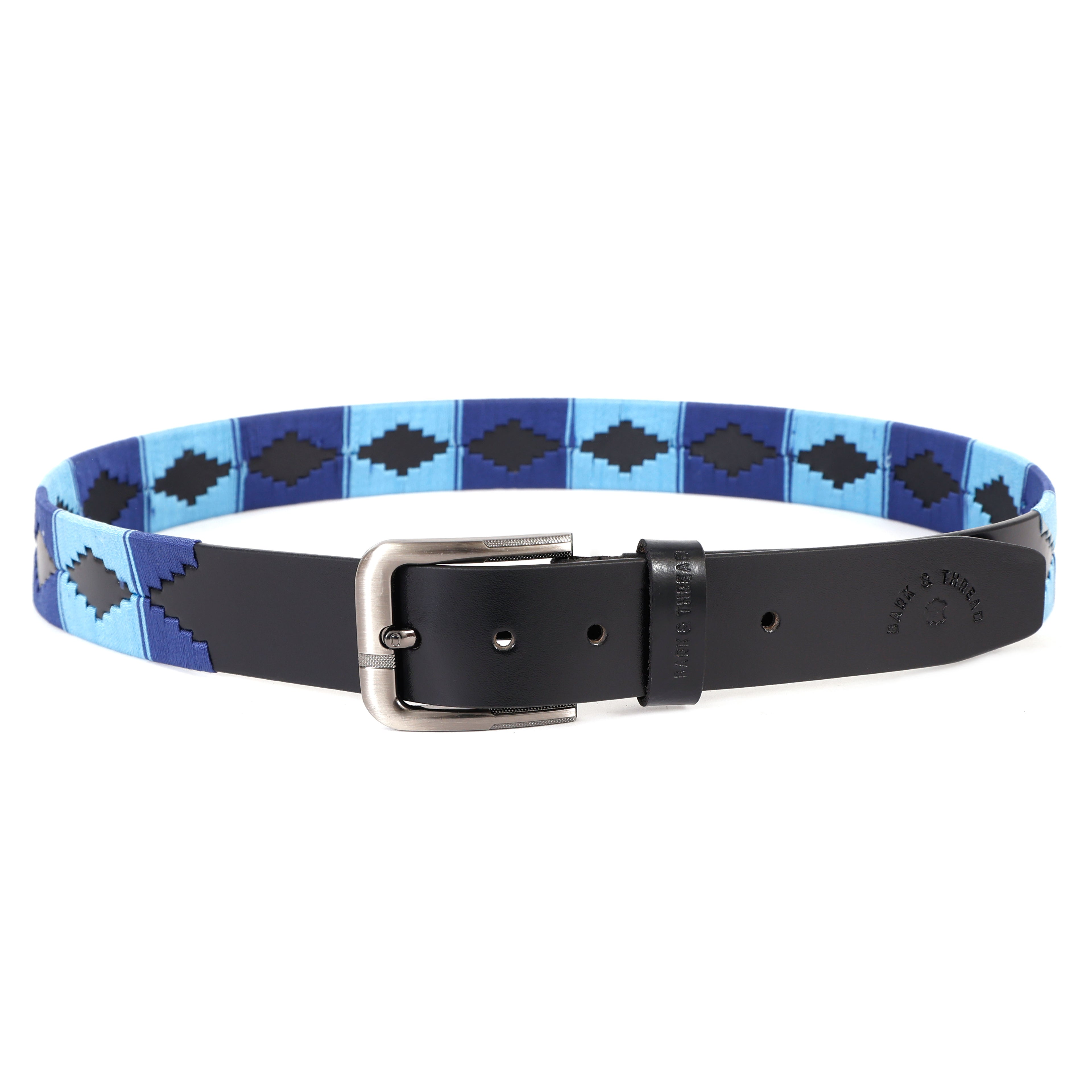 Black Leather Belt with Silver Buckle & Dual Blue Contrast Stitching