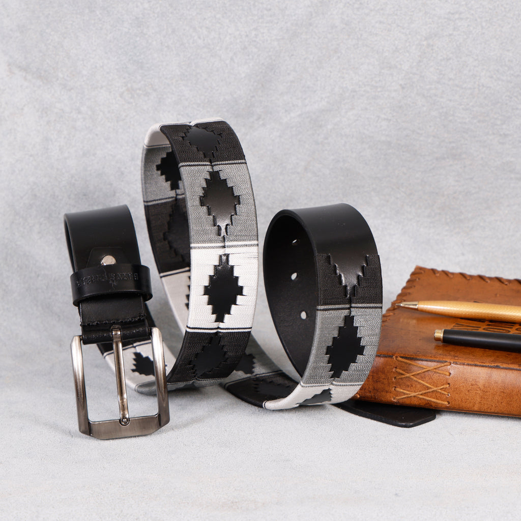 Premium Polo Leather Belt with Grey, Black & White Stitching – Black Strap & Silver Buckle