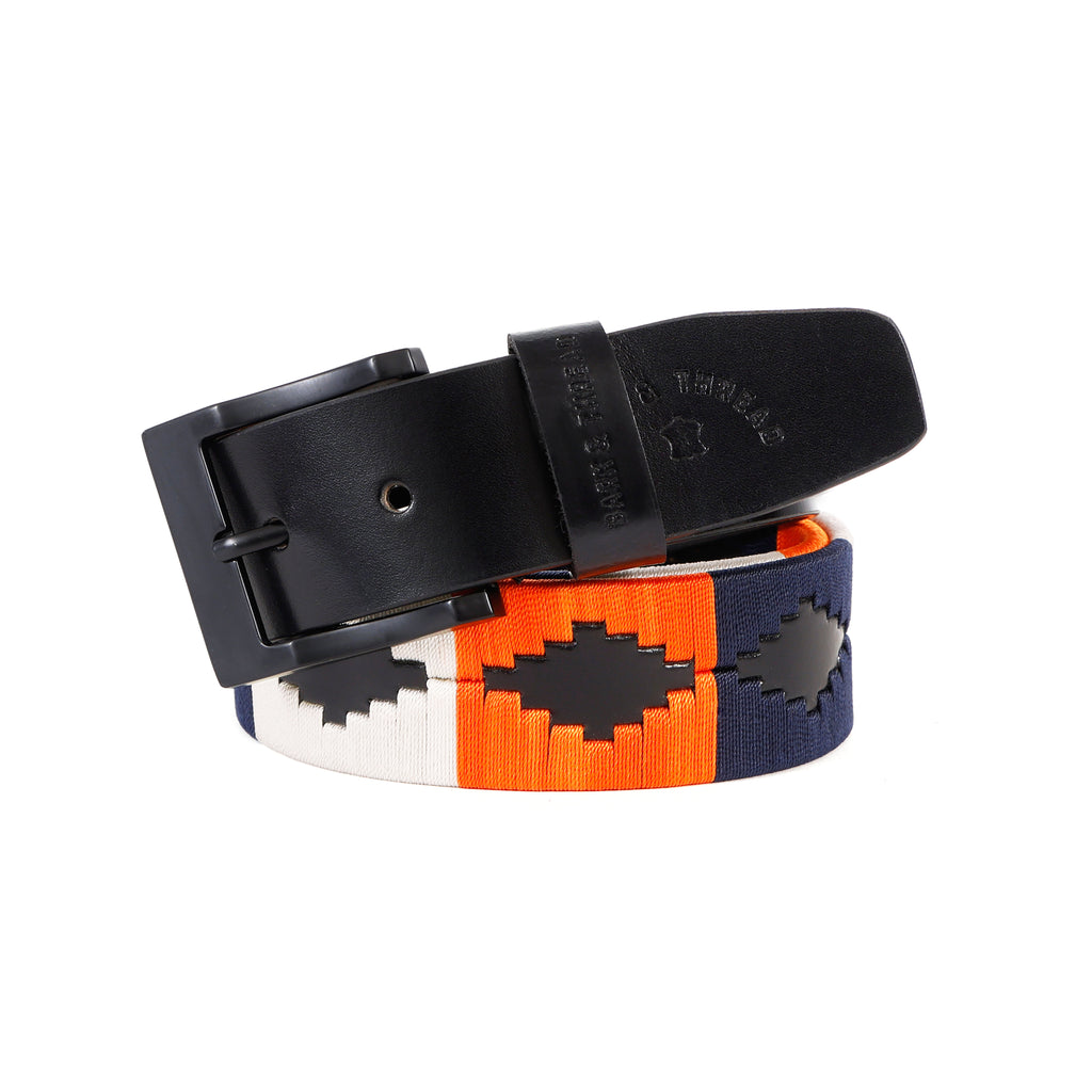 Premium Polo Leather Belt with Blue, Orange & White Stitching – Black Strap & Black Buckle