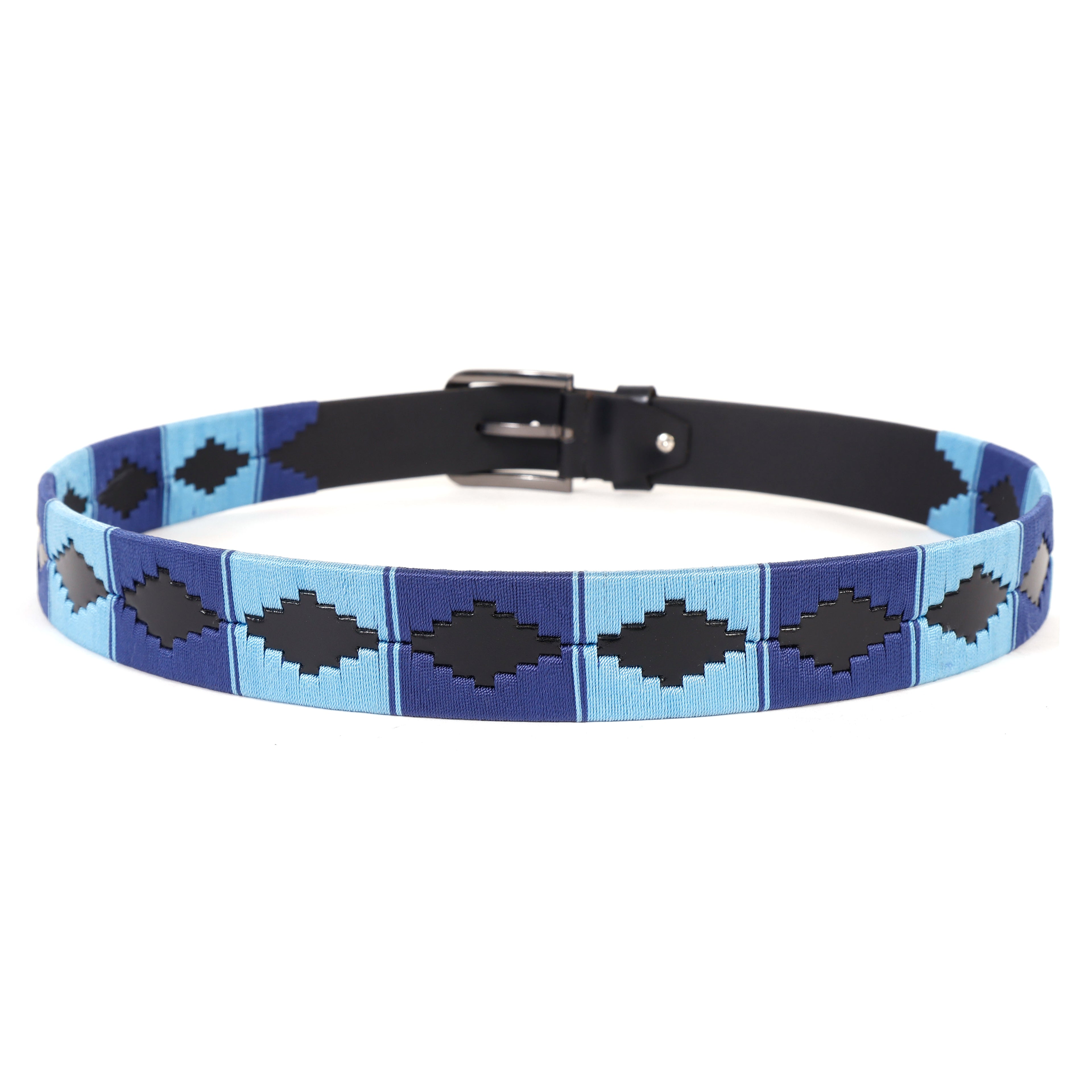 Black Leather Belt with Silver Buckle & Dual Blue Contrast Stitching