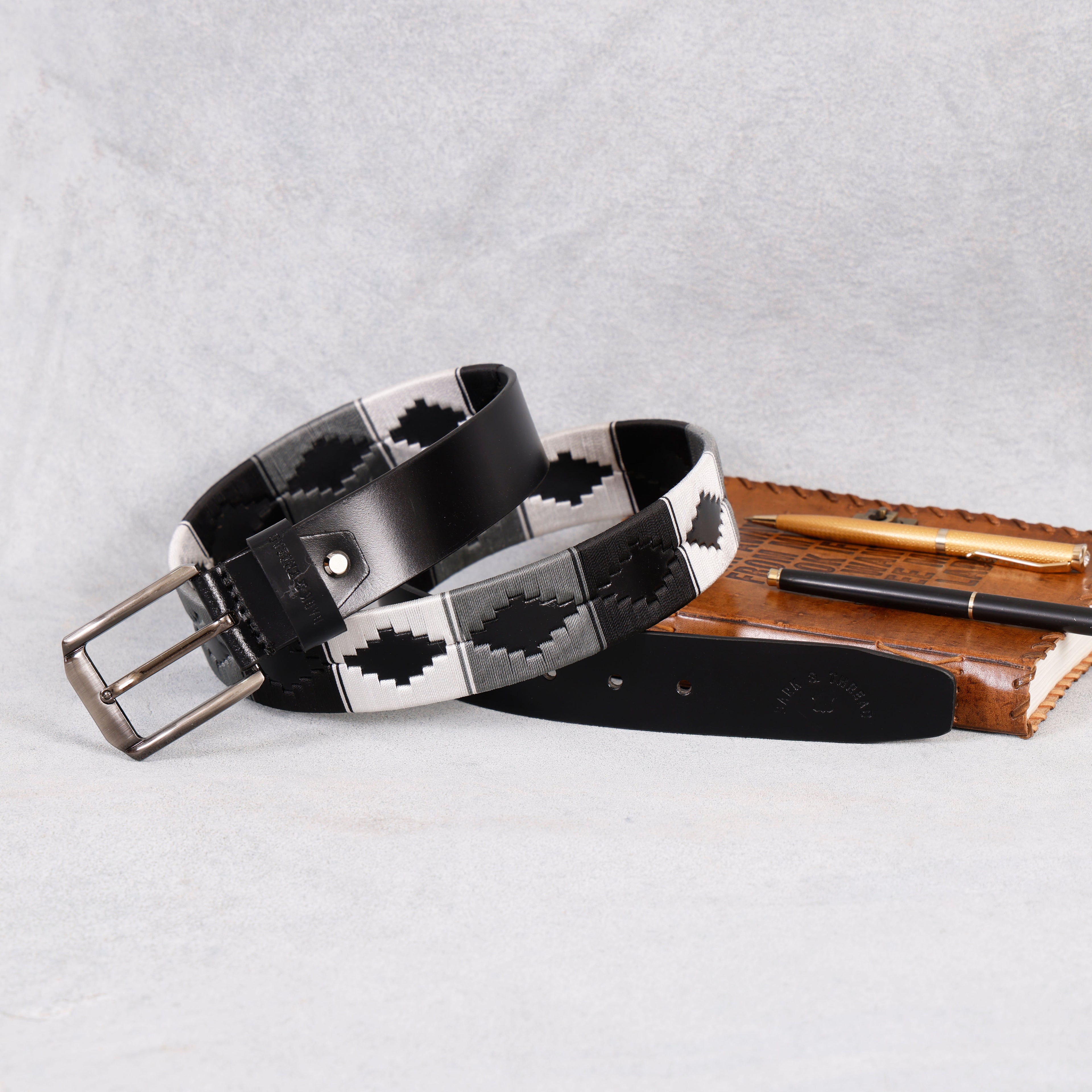 Premium Polo Leather Belt with Grey, Black & White Stitching – Black Strap & Silver Buckle