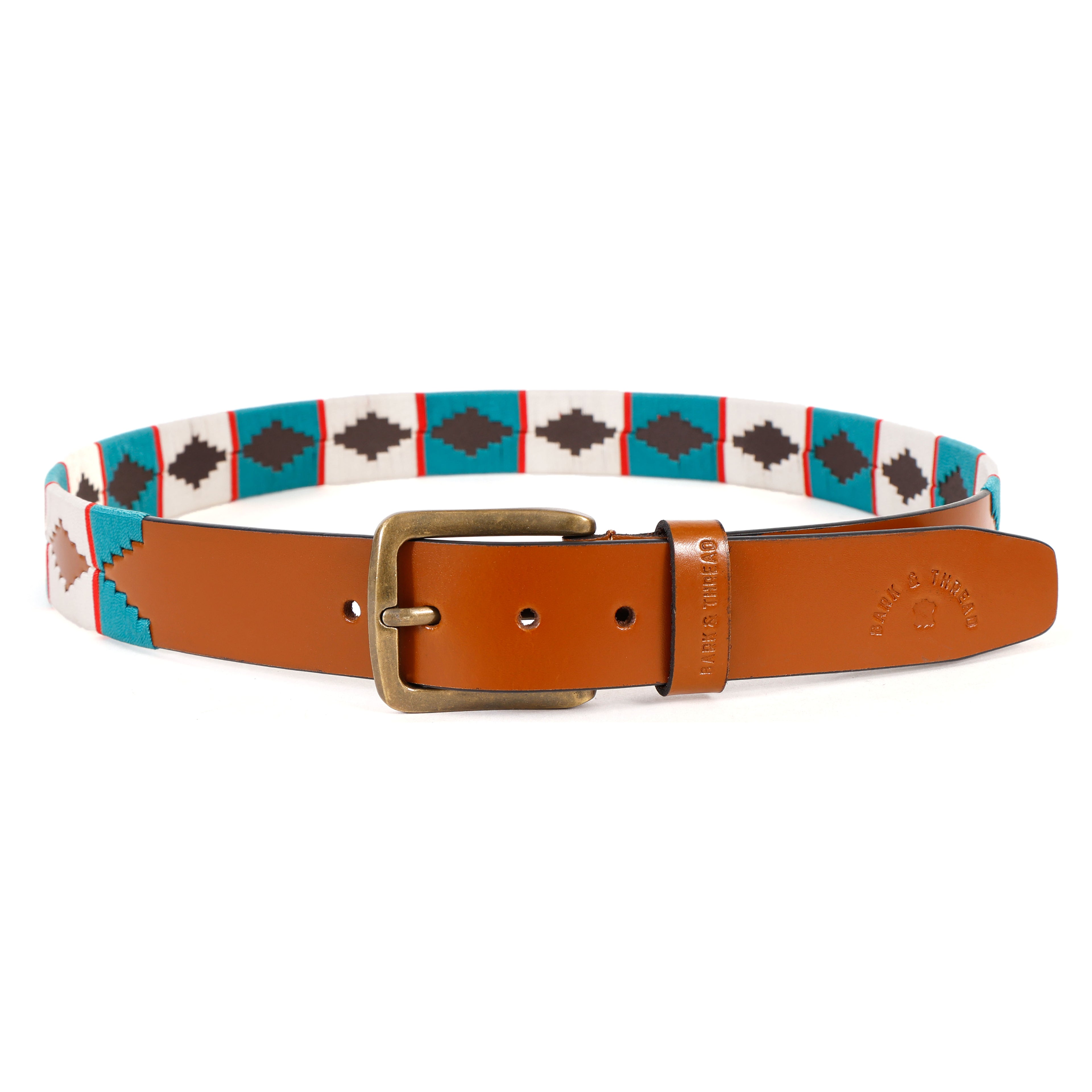 Premium Polo Leather Belt with Light Blue & White Stitching – Tan Strap & Gold Buckle