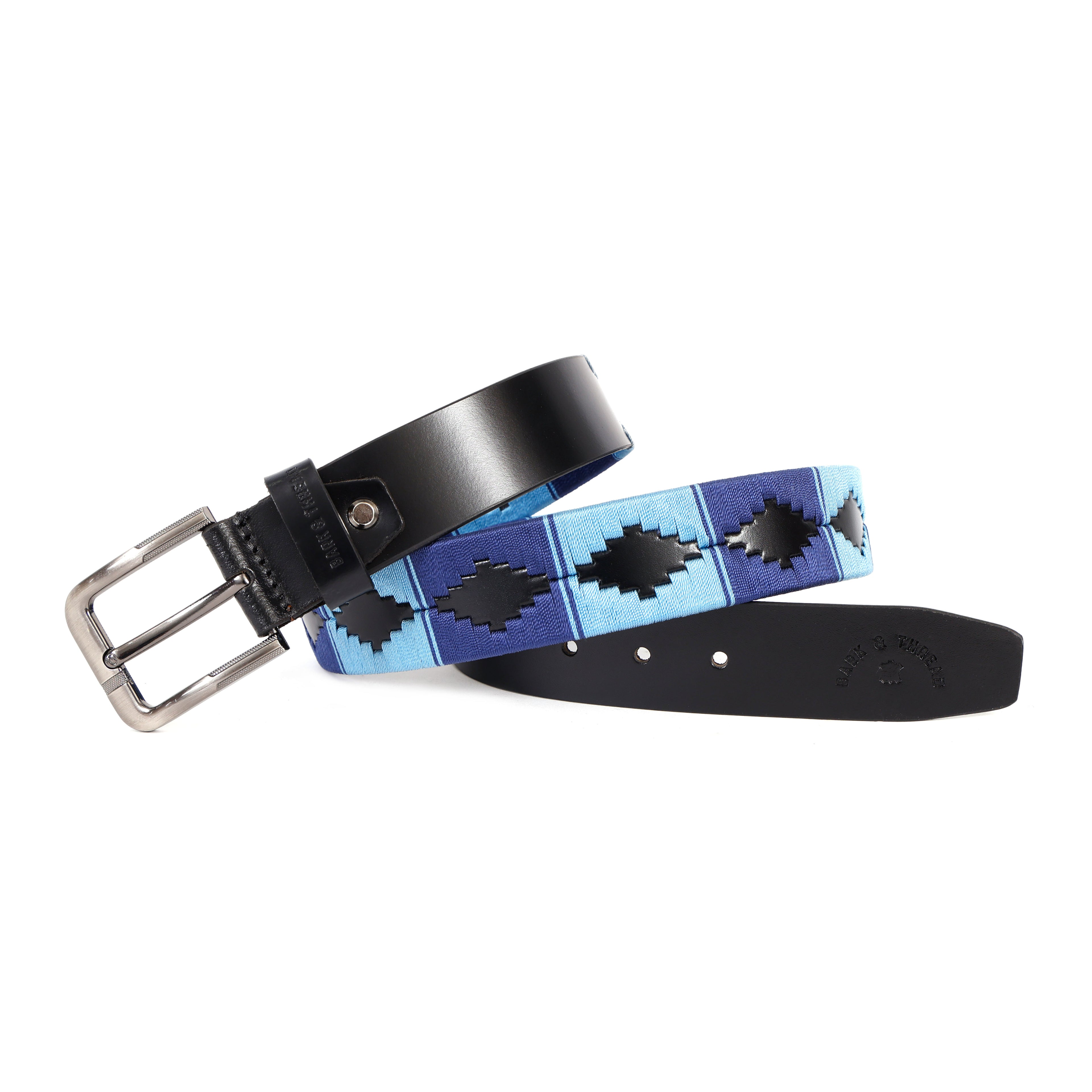 Black Leather Belt with Silver Buckle & Dual Blue Contrast Stitching