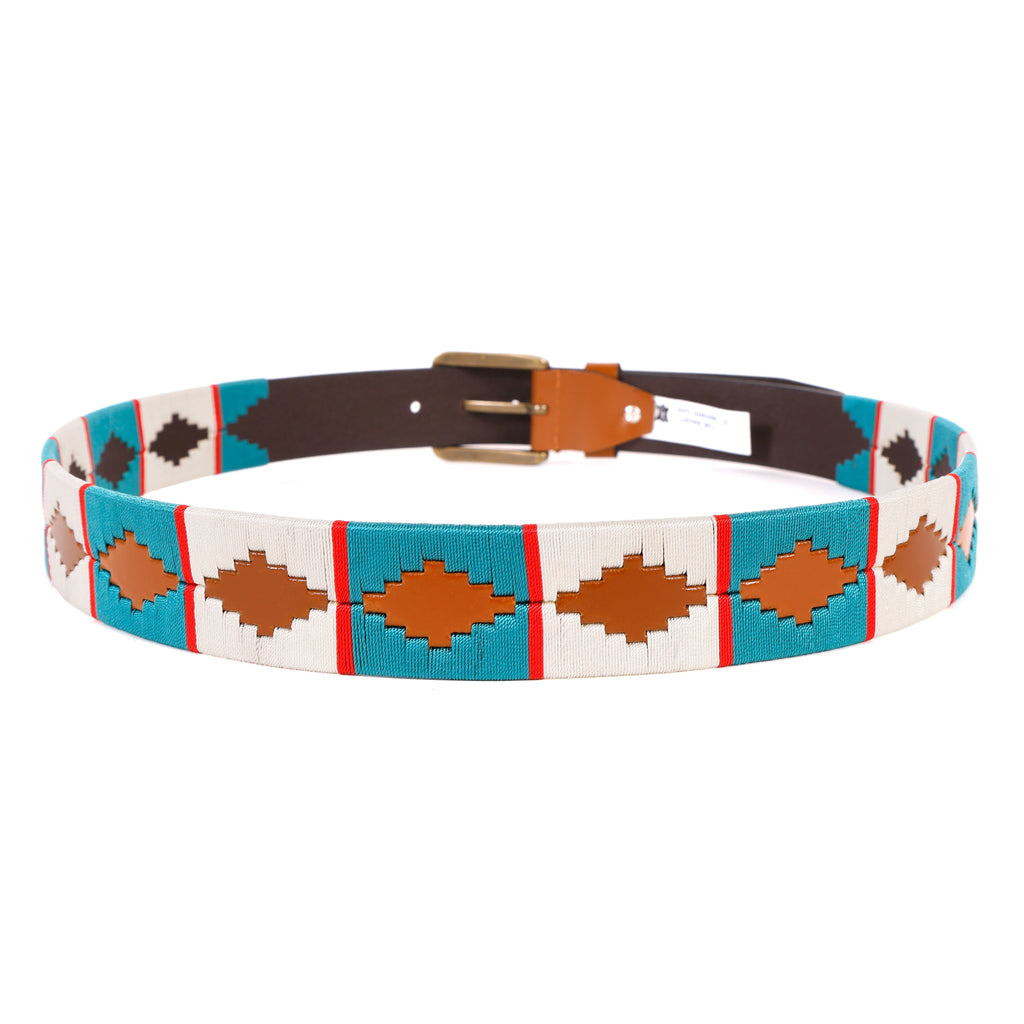 Premium Polo Leather Belt with Light Blue & White Stitching – Tan Strap & Gold Buckle