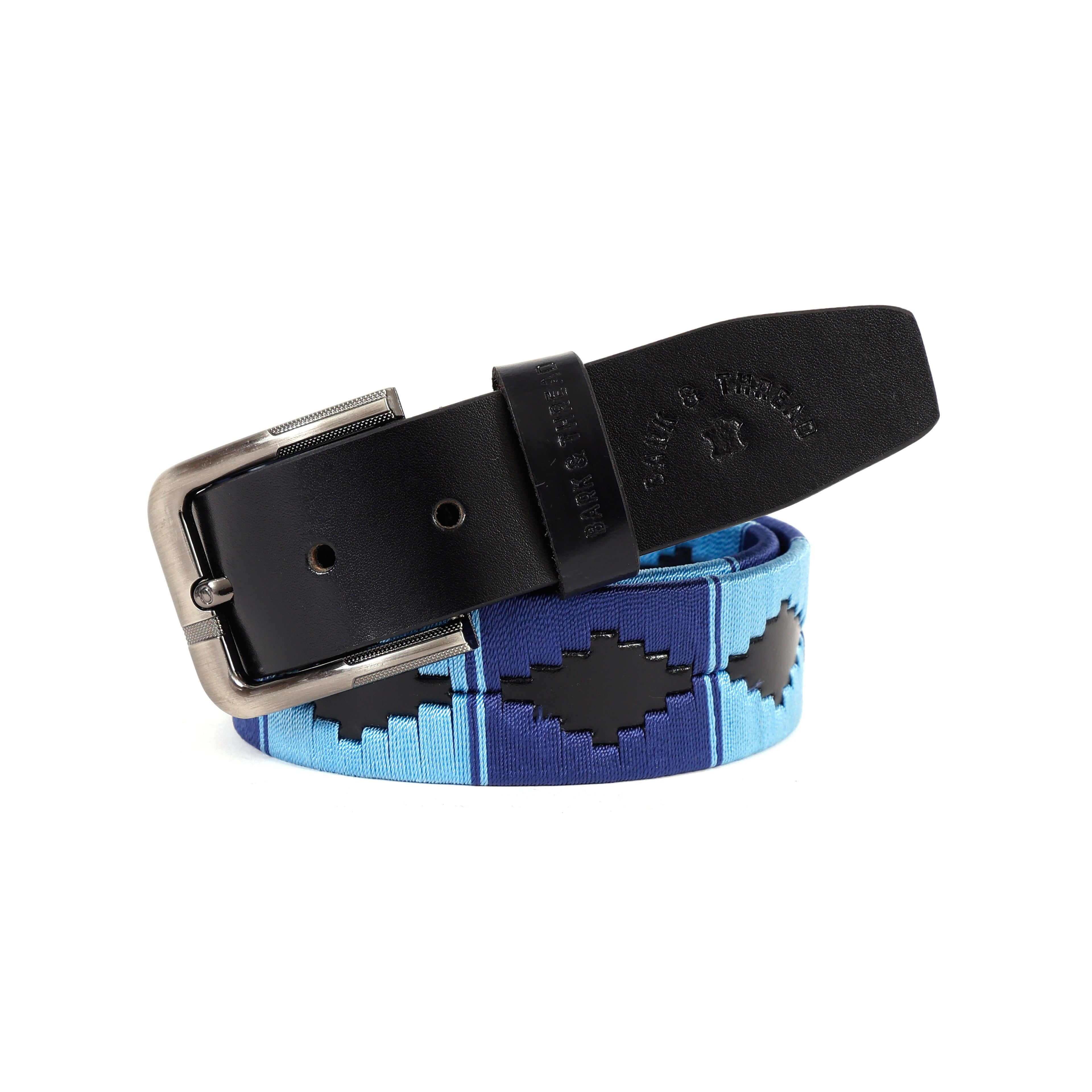 Black Leather Belt with Silver Buckle & Dual Blue Contrast Stitching
