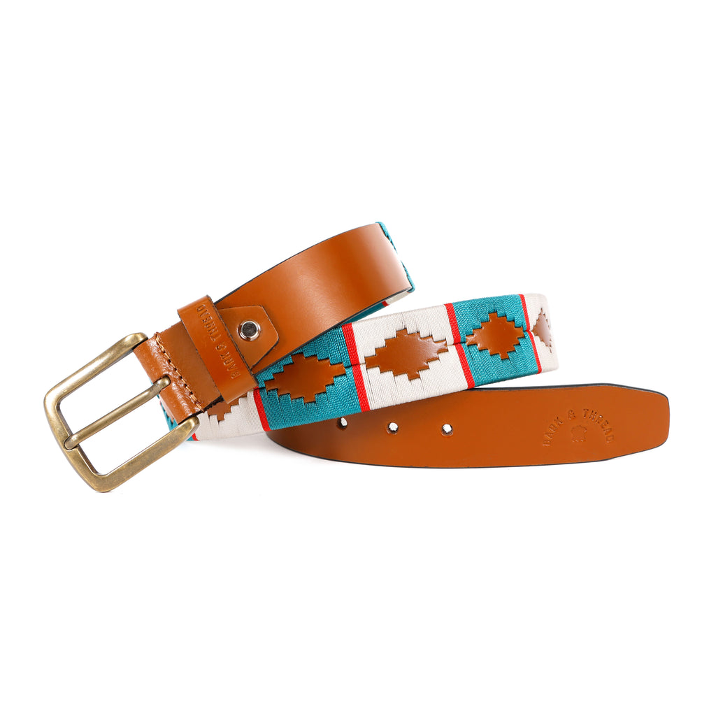 Premium Polo Leather Belt with Light Blue & White Stitching – Tan Strap & Gold Buckle