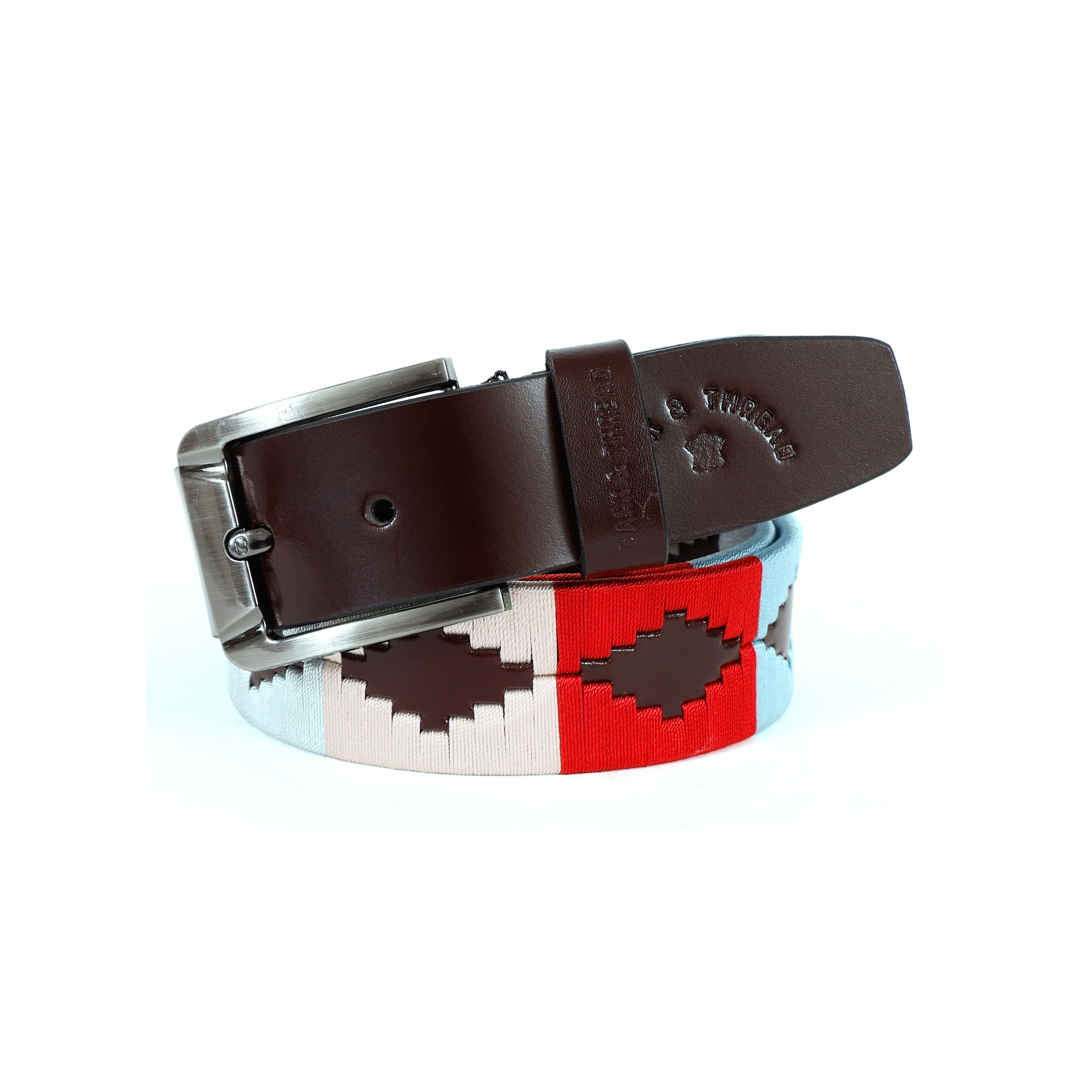 Dark Brown Leather Belt with Silver Buckle & Multicolour Contrast Stitching (White, Red & Sky Blue)