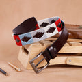 Dark Brown Leather Belt with Silver Buckle & Multicolour Contrast Stitching (White, Red & Sky Blue)