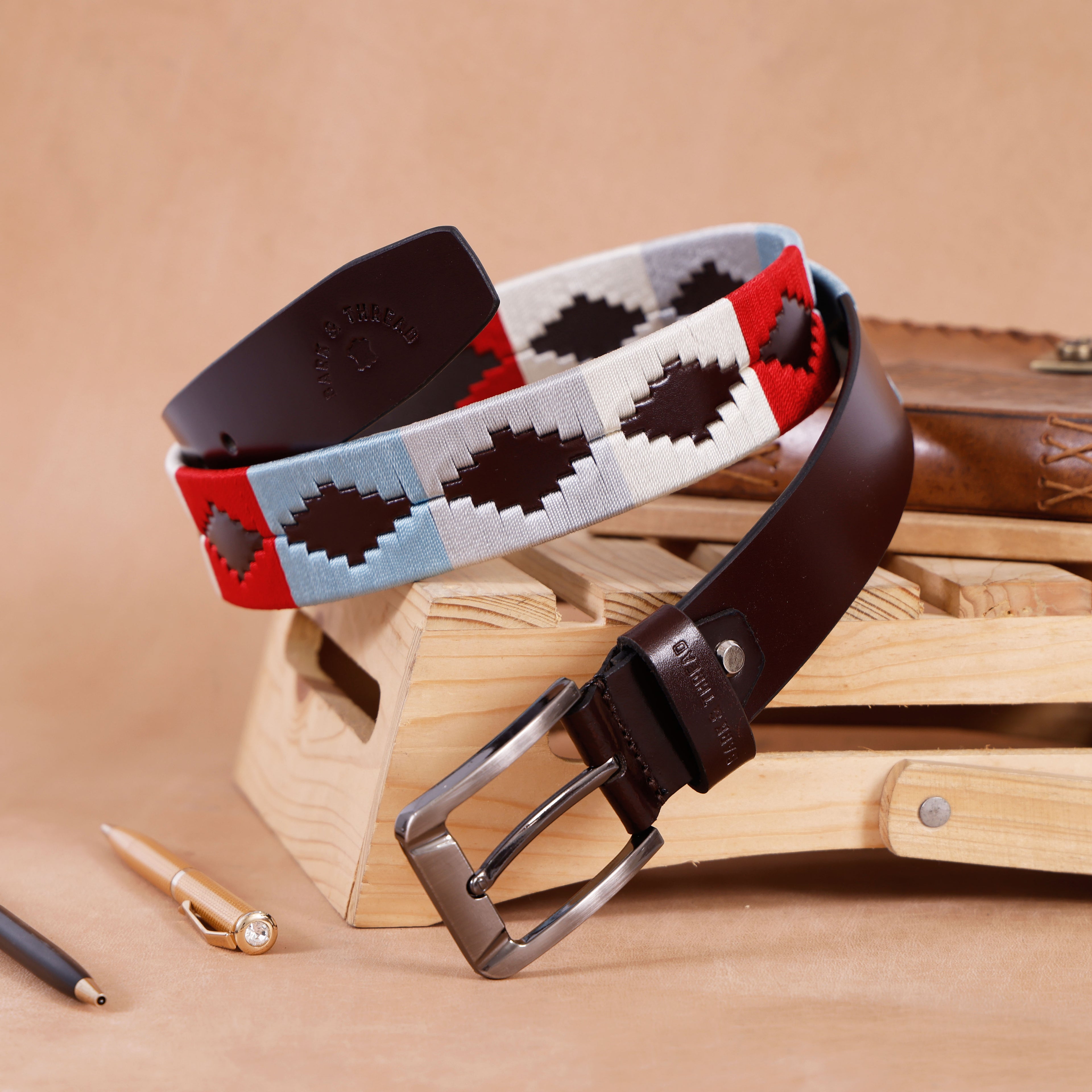Dark Brown Leather Belt with Silver Buckle & Multicolour Contrast Stitching (White, Red & Sky Blue)