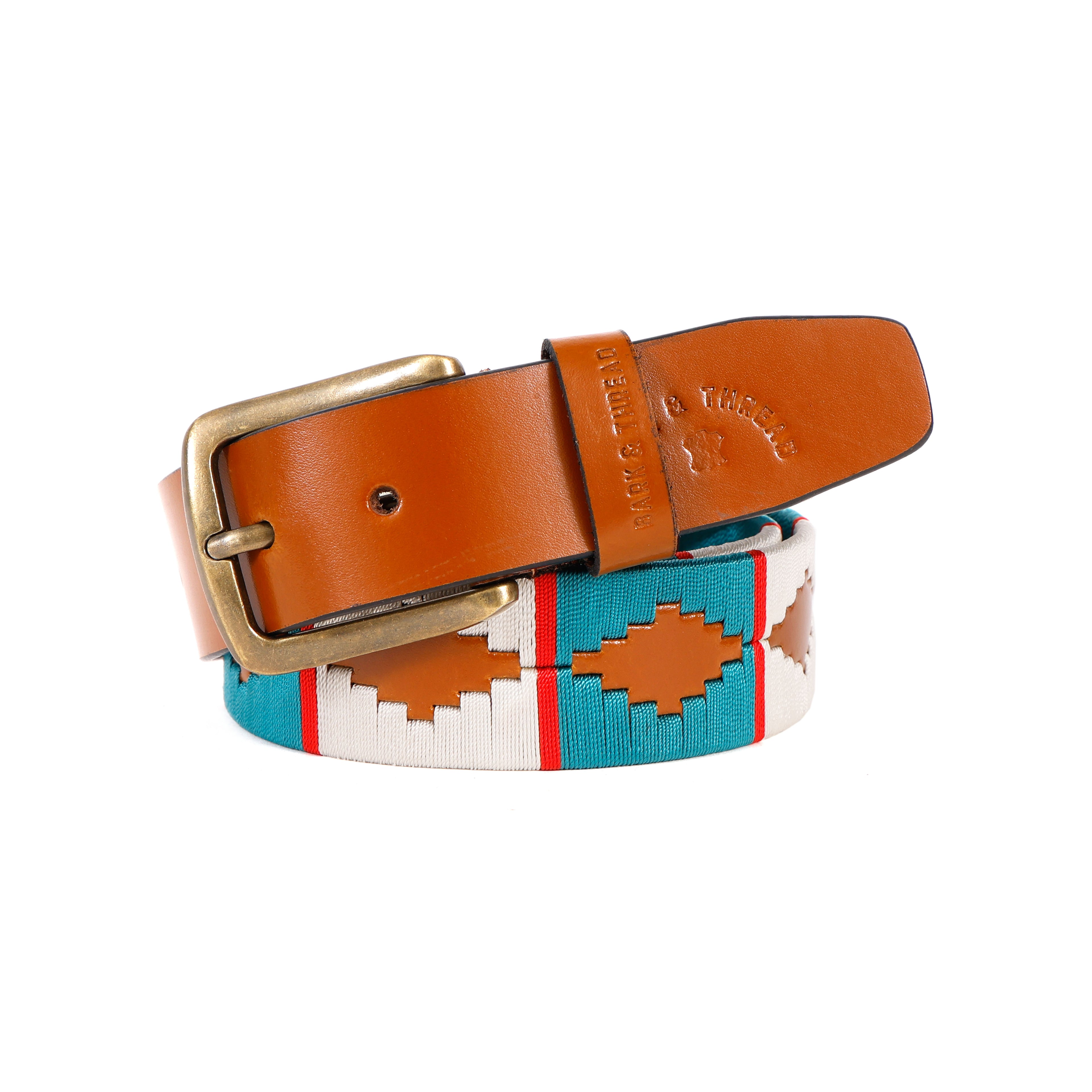 Premium Polo Leather Belt with Light Blue & White Stitching – Tan Strap & Gold Buckle