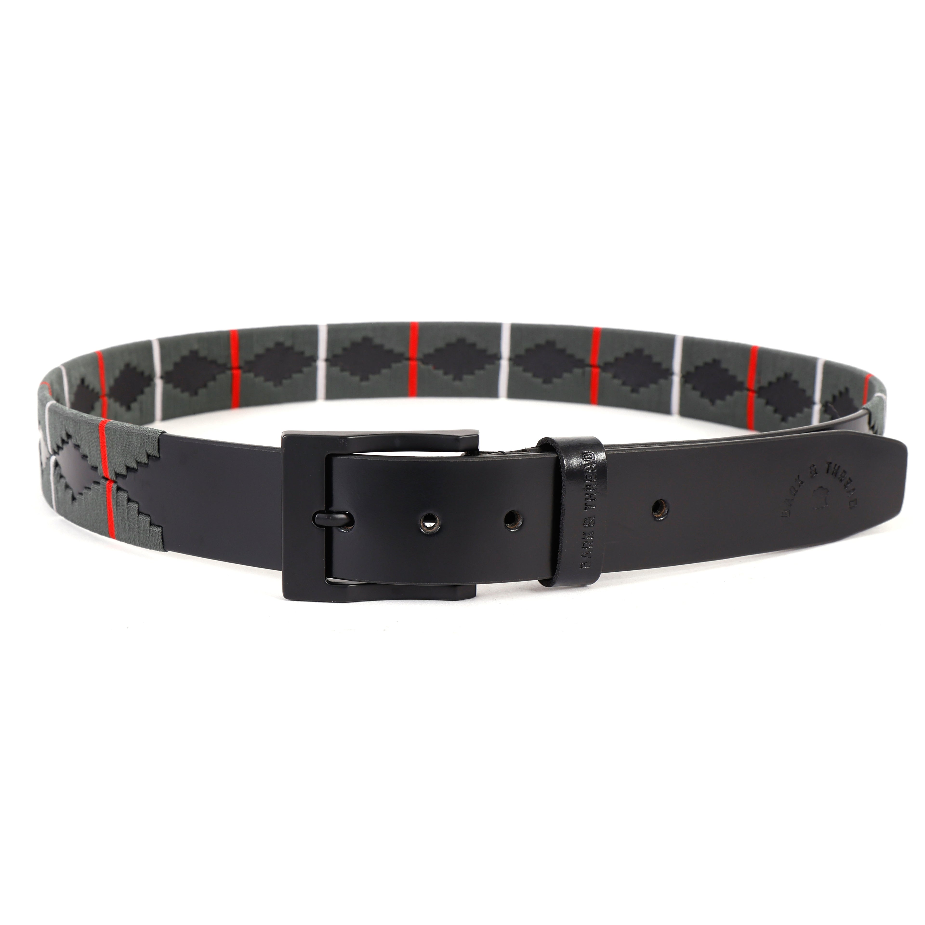 Black Polo Leather Belt with Black Buckle & Grey Stitching