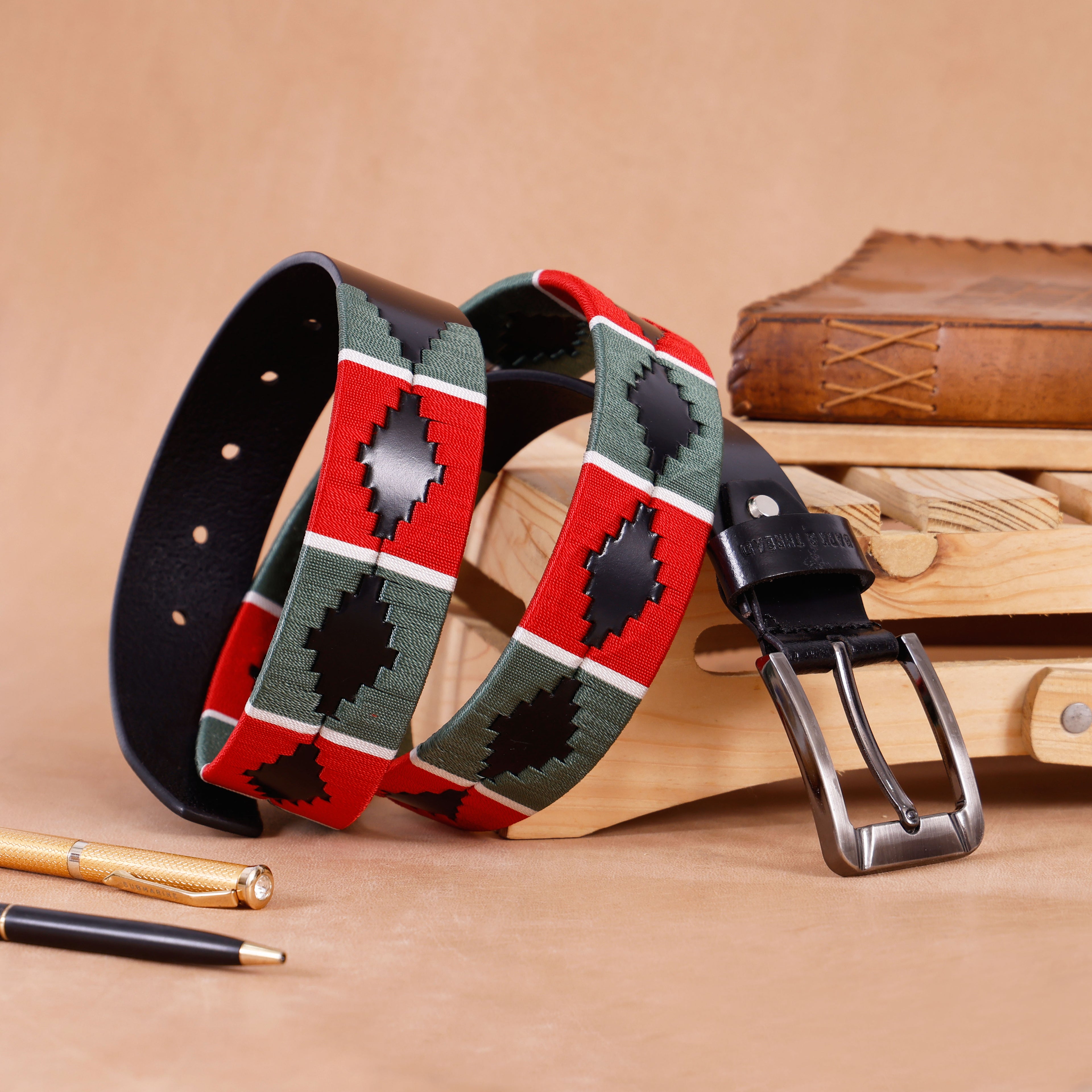 Luxury Polo Leather Belt with Red & Green Stitching – Black Strap & Silver Buckle
