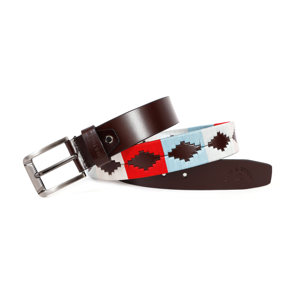 Dark Brown Leather Belt with Silver Buckle & Multicolour Contrast Stitching (White, Red & Sky Blue)