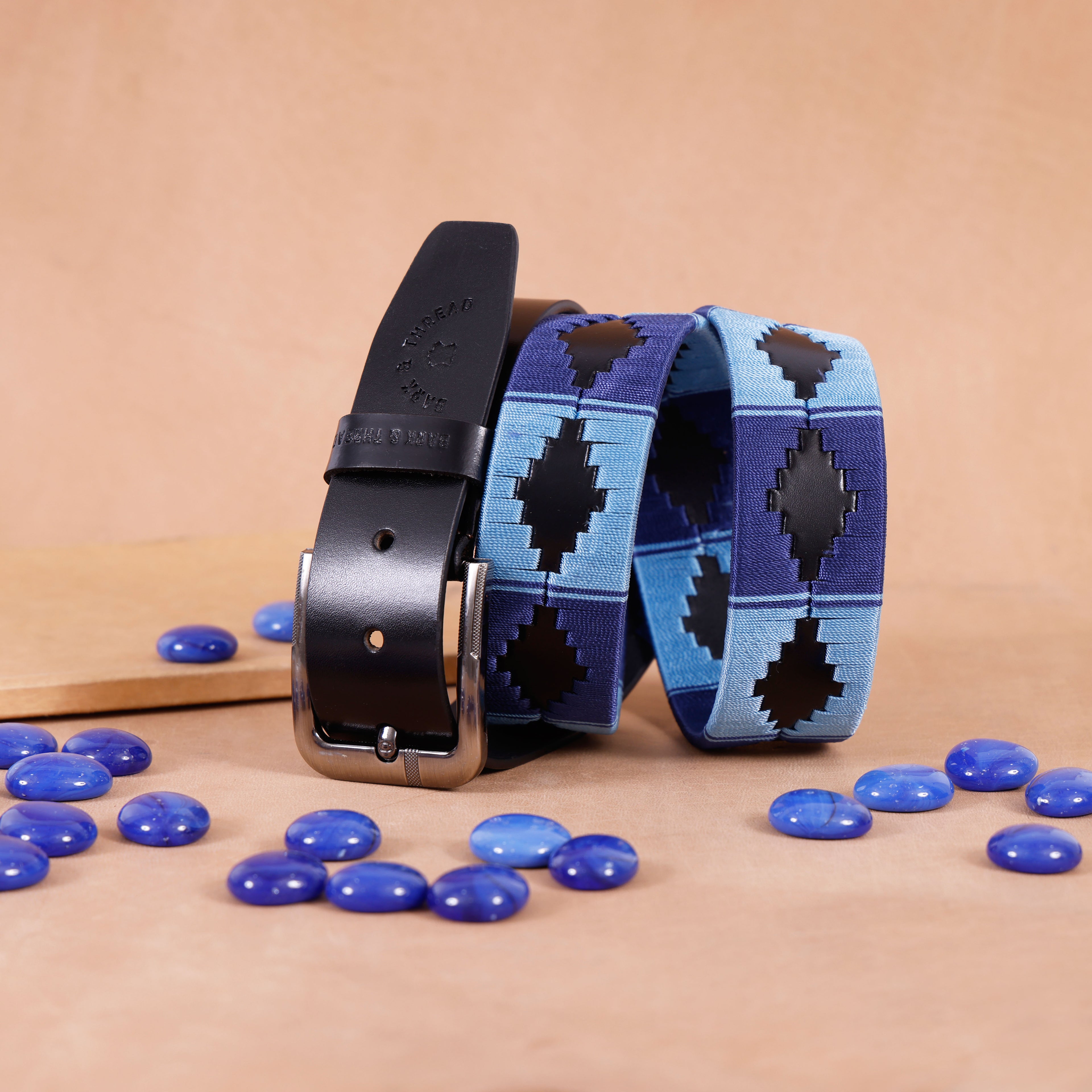 Black Leather Belt with Silver Buckle & Dual Blue Contrast Stitching