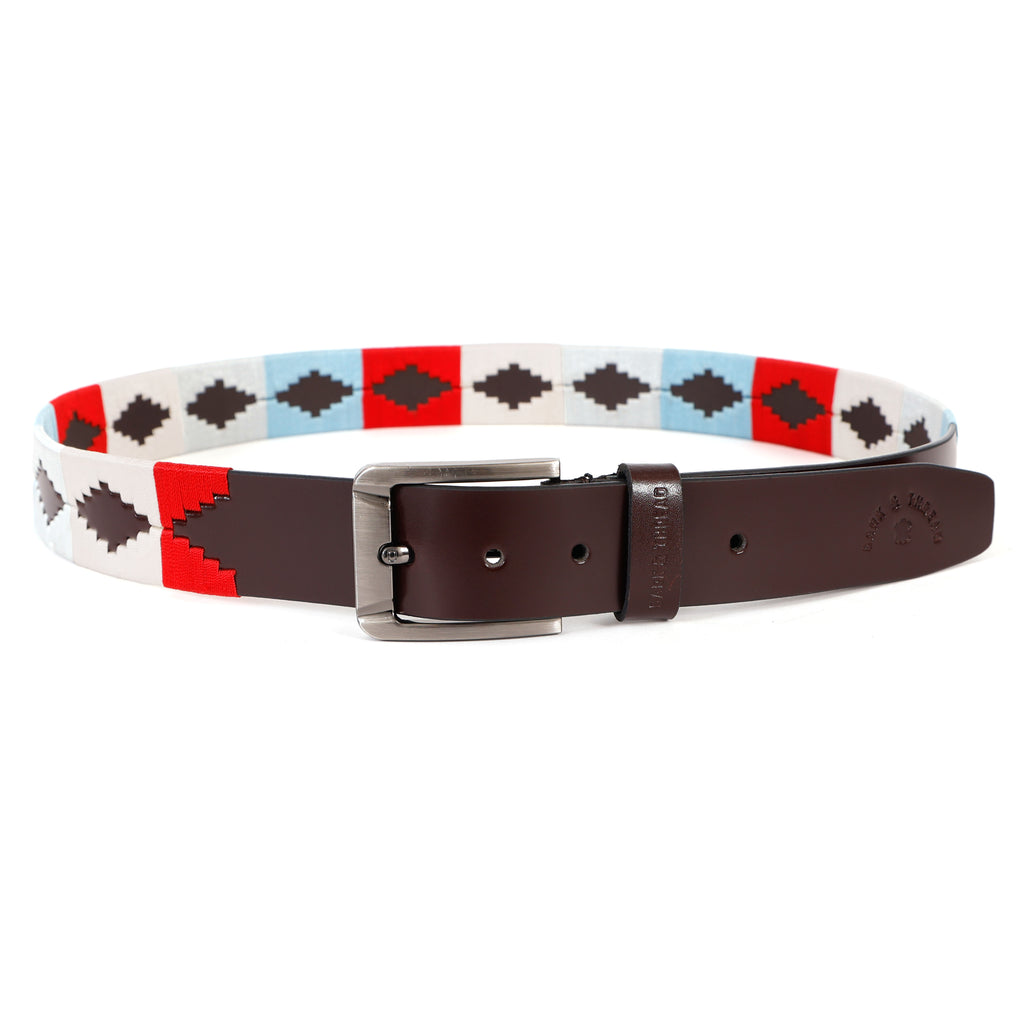 Dark Brown Leather Belt with Silver Buckle & Multicolour Contrast Stitching (White, Red & Sky Blue)